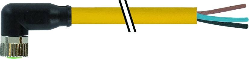 Un connettore sensore angolato di colore giallo con tre fili spellati di colore nero, verde e marrone.