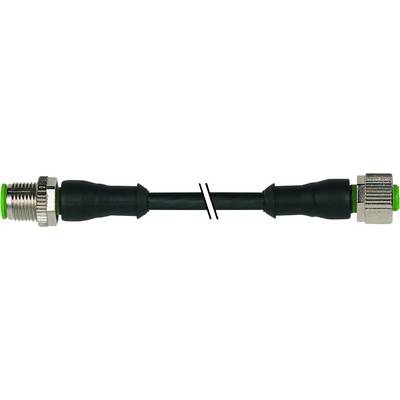 Un cavo nero con connettori argentati e verdi alle estremità, che mostra due spine in disposizione simmetrica.