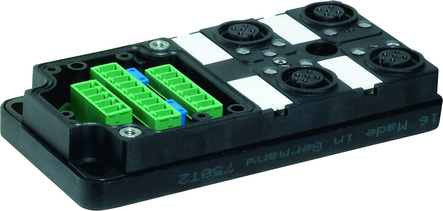 Un modulo elettronico nero con diversi connettori verdi e connessioni rotonde; con la scritta 'Made in Germany'.