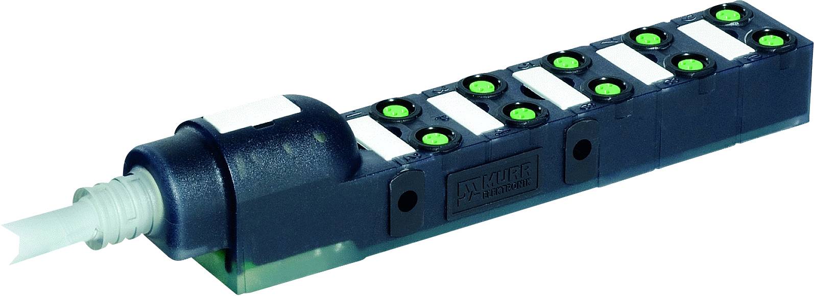 Un connettore allungato di colore blu scuro con più LED verdi, idoneo per connessioni elettroniche e controllo dei segnali.