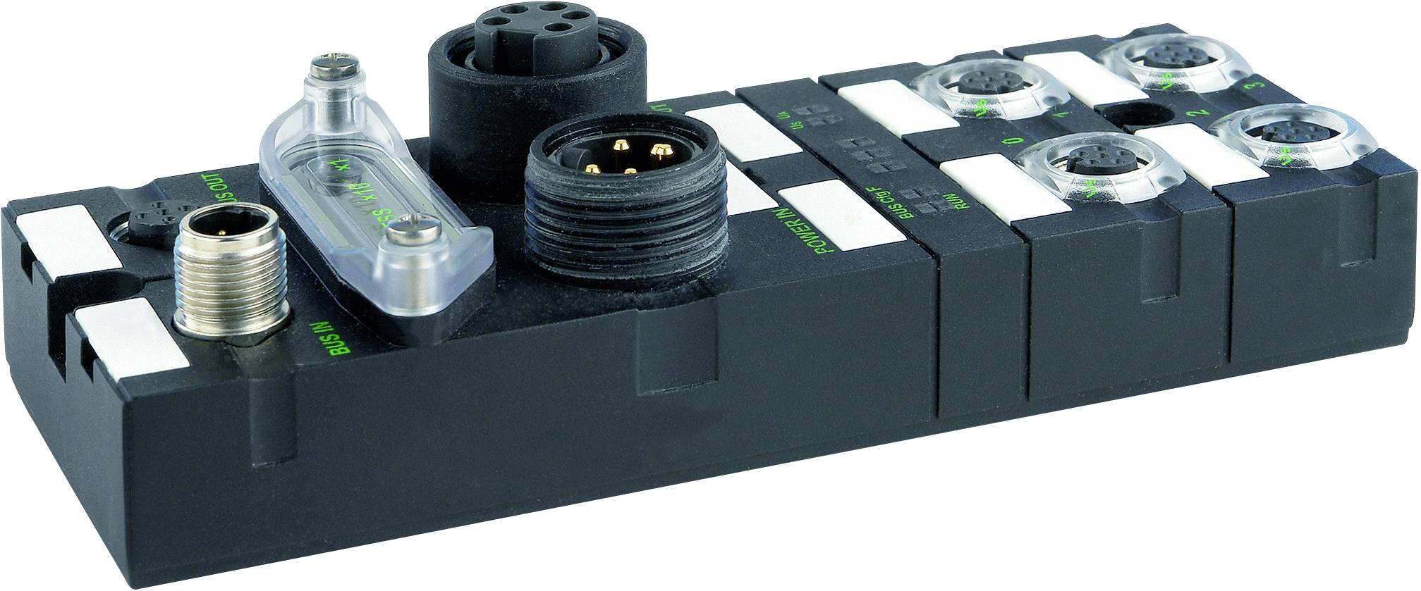 Un modulo elettronico nero e rettangolare con diversi connettori rotondi, adatto ad applicazioni industriali.