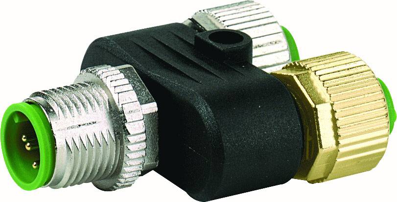 Un connettore a T per connessioni elettriche con accoppiamenti a innesto contrassegnati in verde e involucro nero.