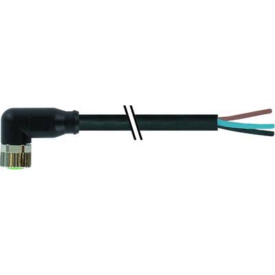 Un connettore ad angolo retto con cavo nero e tre conduttori colorati (blu, verde, marrone) è illustrato.