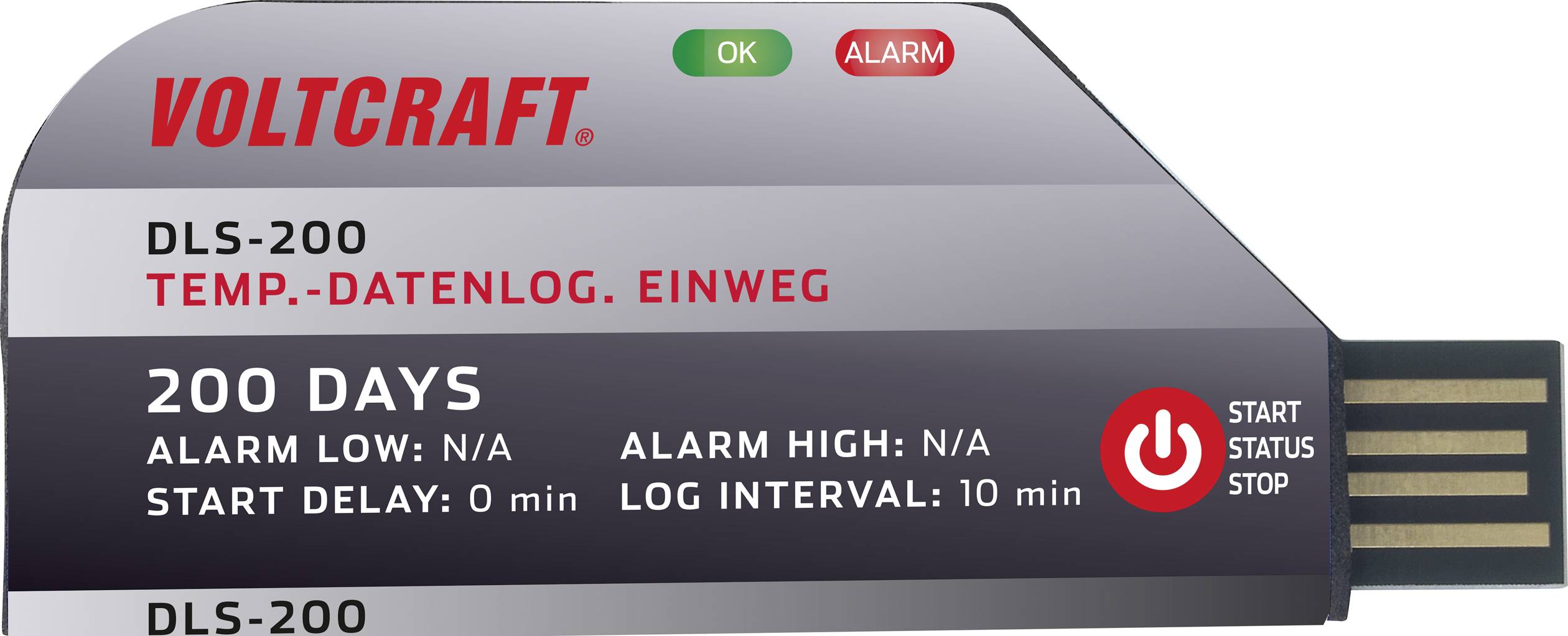 Un data logger di temperatura USB Voltcraft modello DLS-200, monouso, per il monitoraggio della temperatura fino a 200 giorni.