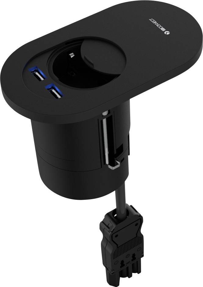 Un modulo presa da tavolo nero con una presa elettrica e due porte USB per l'integrazione in piani di lavoro.