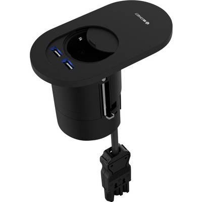 Un modulo presa da tavolo nero con una presa elettrica e due porte USB per l'integrazione in piani di lavoro.