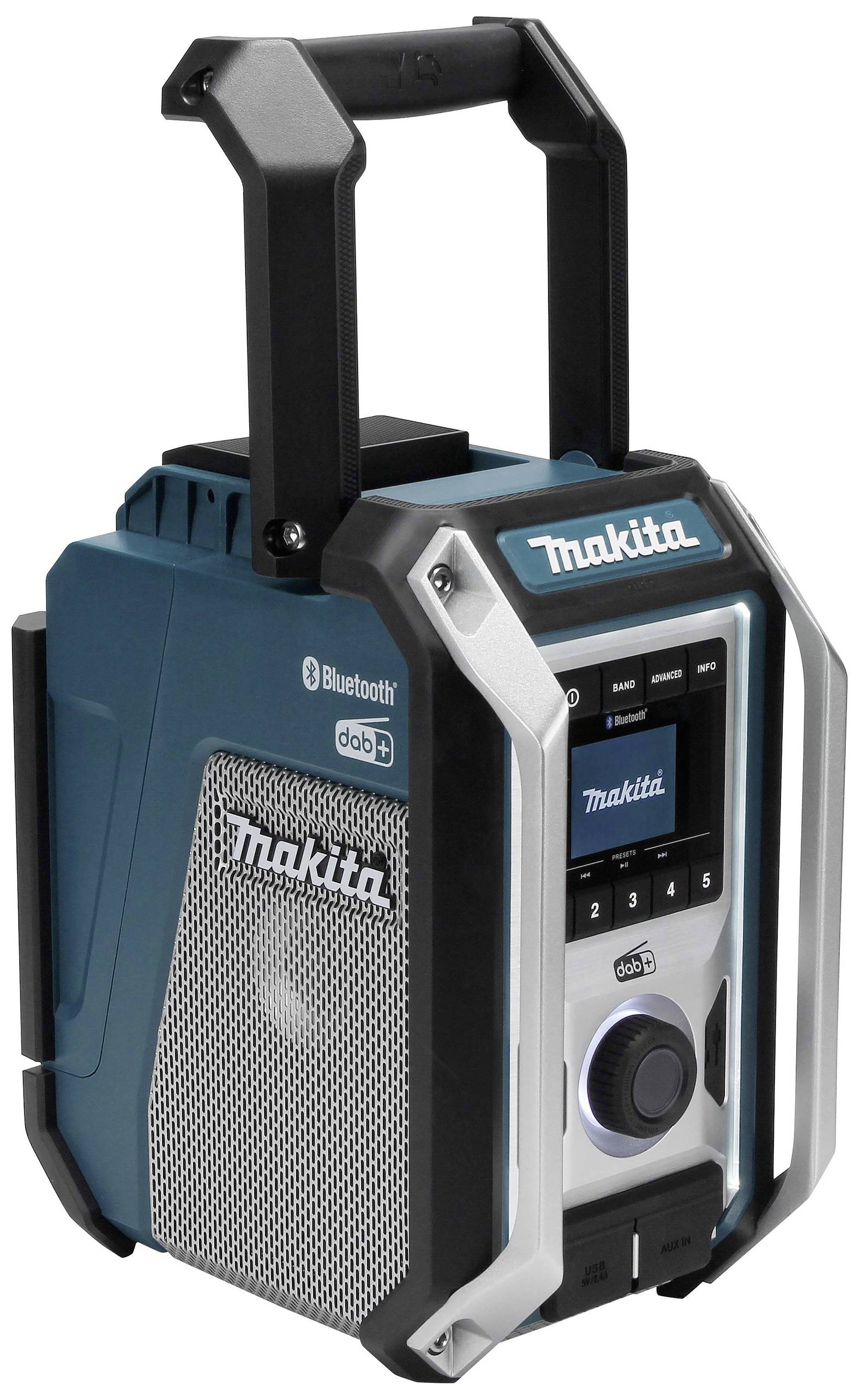 Radio portatile Makita blu-nero con funzione Bluetooth e manici robusti, ideale per cantieri.