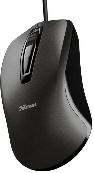 Mouse nera con cavo e design ergonomico, con il marchio 'Trust' sulla superficie.