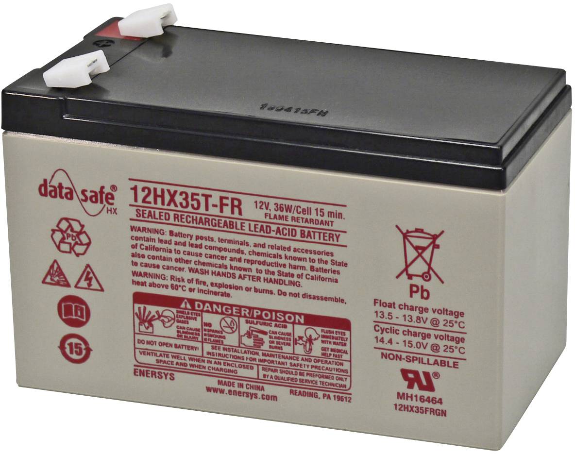 Batteria al piombo-acido di Data Safe, modello 12HX35T-FR, 12V 36W. Contiene simbolo di avvertenza per il pericolo tossico. Sigillata e ricaricabile.