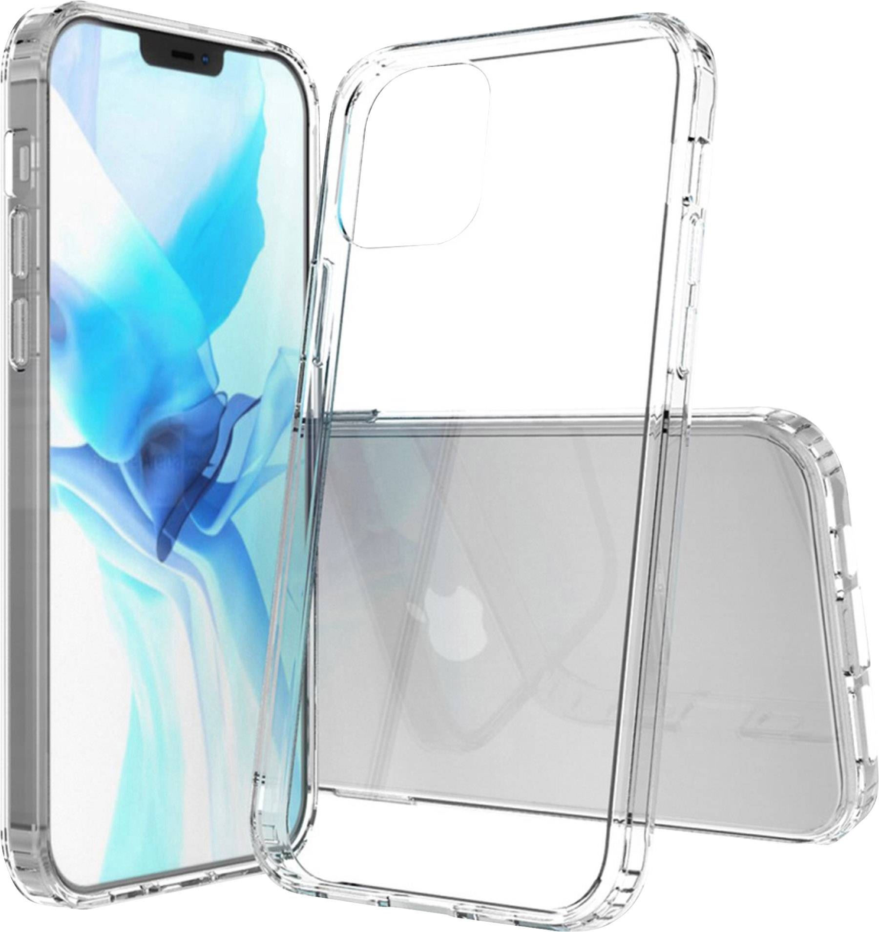 Cover per smartphone trasparente che mostra il dispositivo frontalmente, posteriormente e di lato; offre protezione con un design chiaro e minimalista.