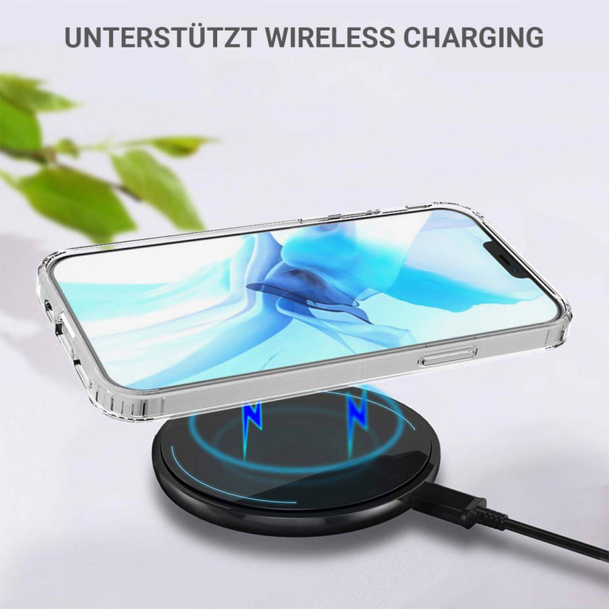 Smartphone su stazione di ricarica wireless con schermo che mostra. Testo in alto: 'Supporta la ricarica wireless'.