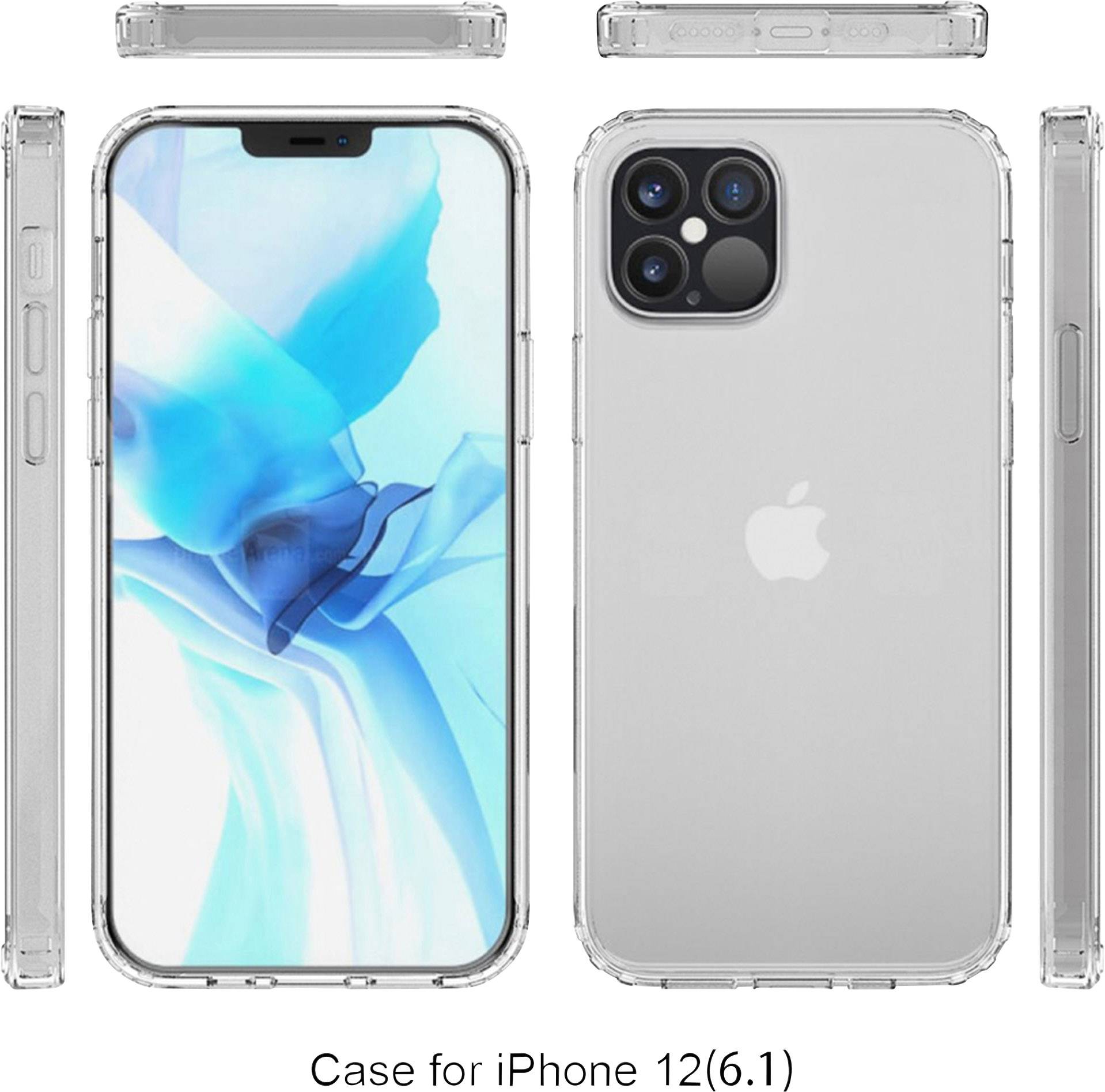 Custodia trasparente per iPhone 12 (6,1 pollici) mostrata da diversi angolazioni.