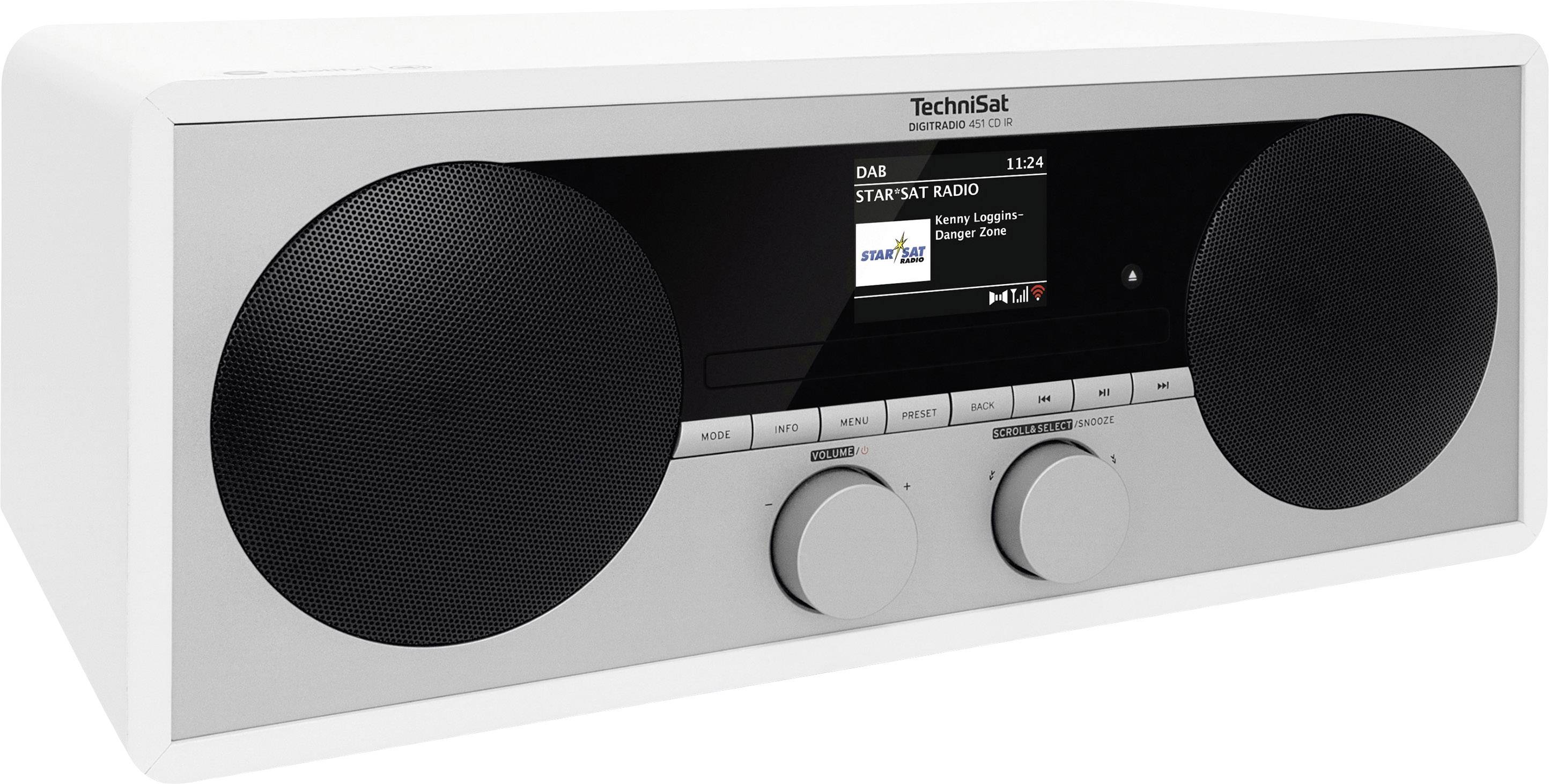 Una radio digitale bianca con due altoparlanti e un display che mostra 'DAB, STAR SAT RADIO'. Ha diversi pulsanti di controllo.