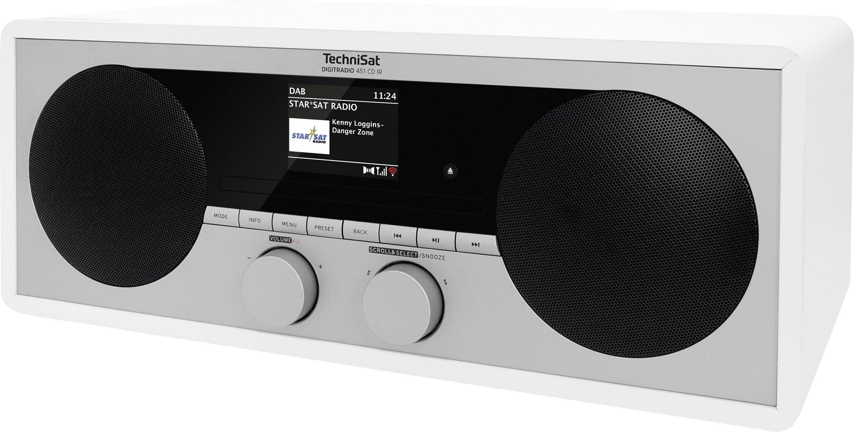 Radio retrò con display digitale che mostra 'STARSAT RADIO', due grandi altoparlanti, manopole per il volume e la selezione delle stazioni.