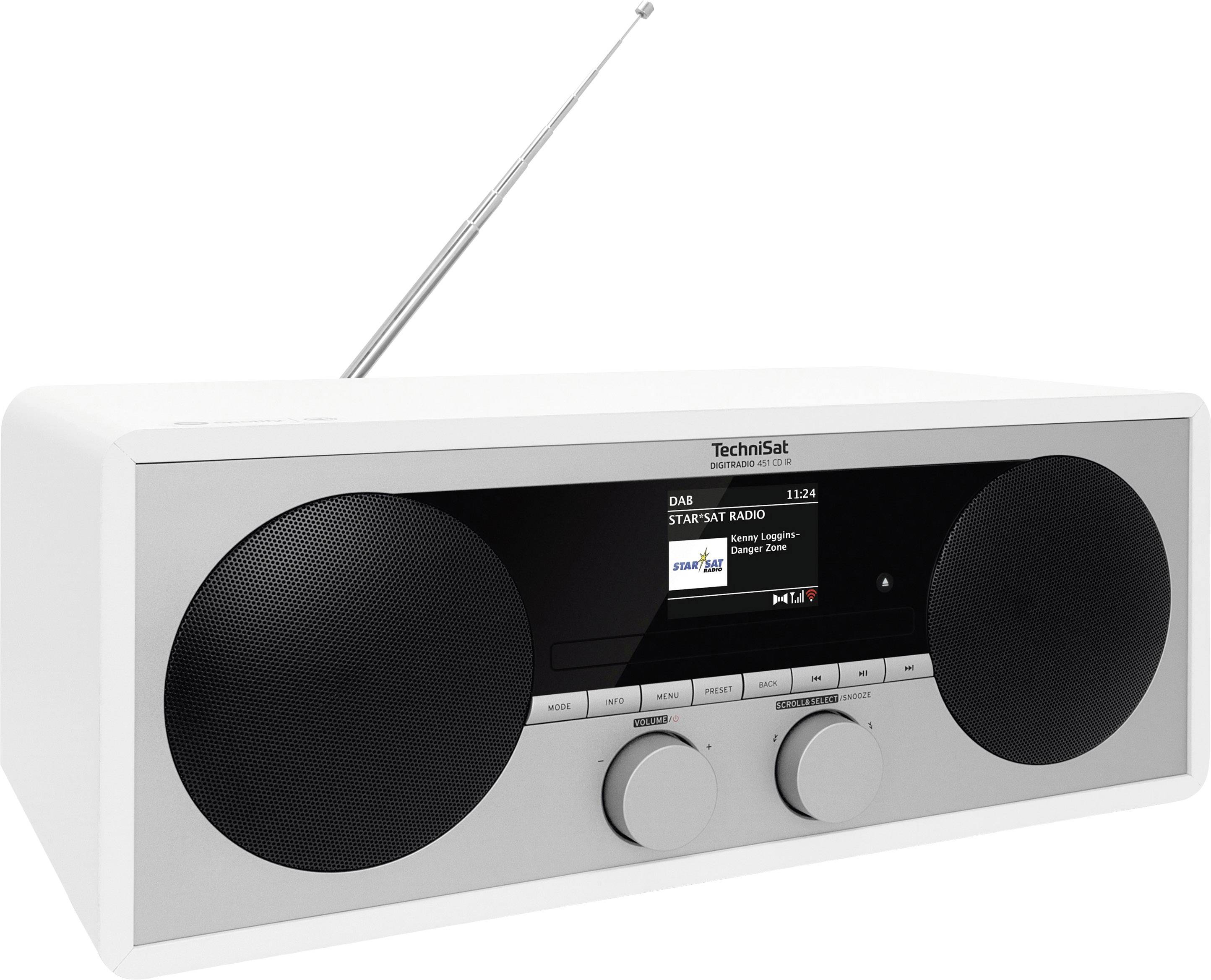 Una radio DAB bianca con display che mostra 'STAR*SAT RADIO', circondata da due altoparlanti e pulsanti di controllo.