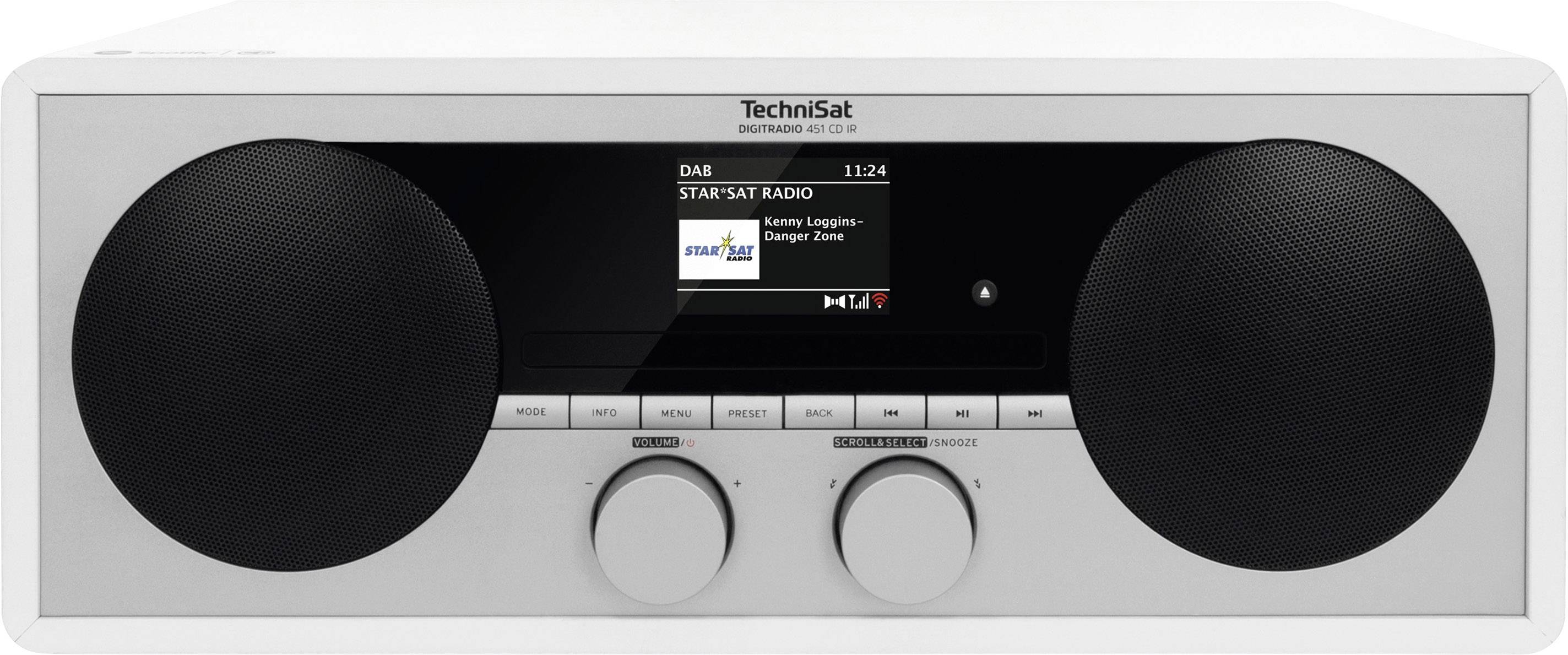 Una radio bianca con due altoparlanti, il display mostra 'STAR*SAT RADIO' e 'Kenny Loggins - Danger Zone', con comandi sottostanti.