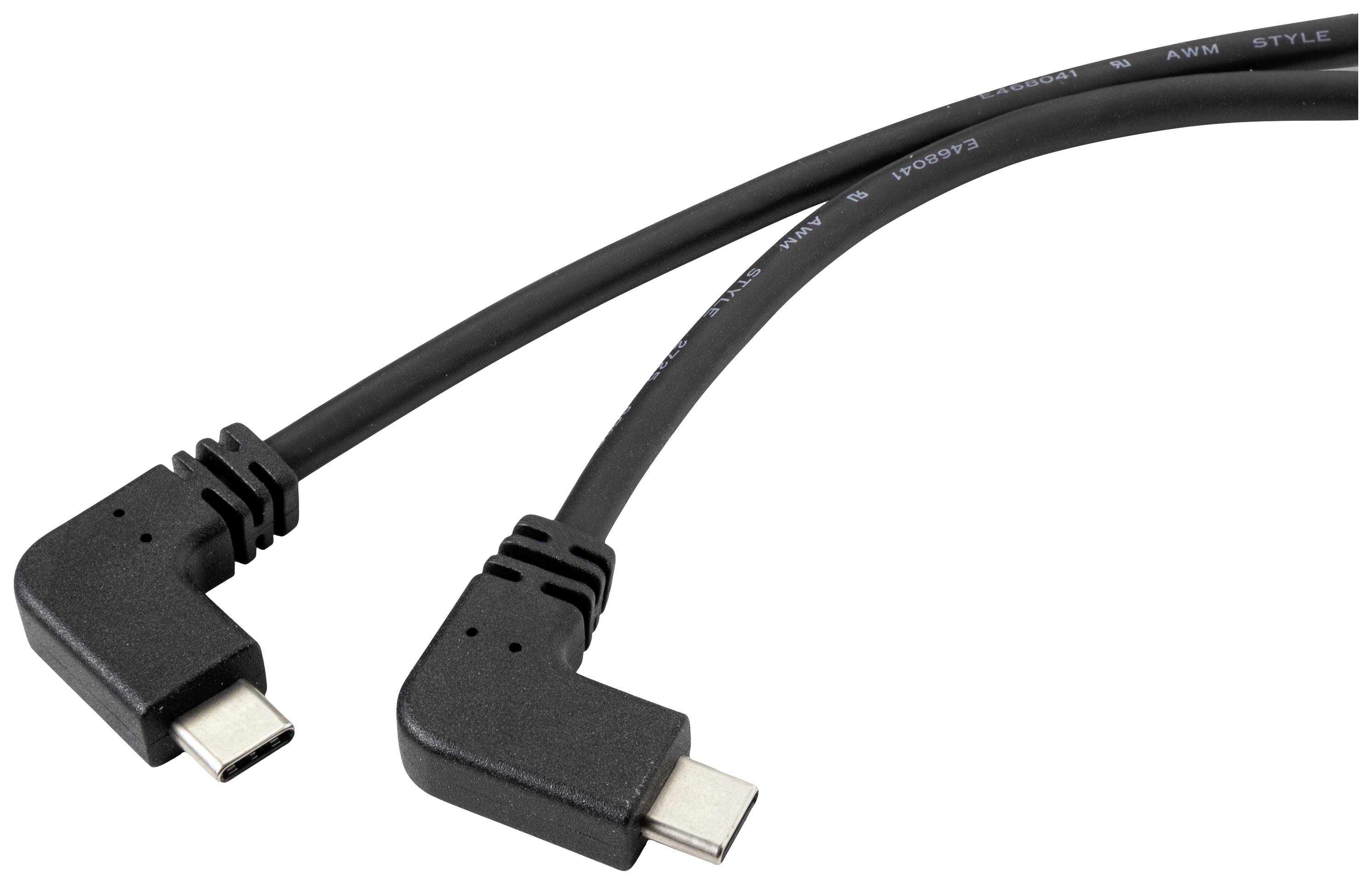 Un cavo USB-C nero con due connettori a squadra è posizionato su uno sfondo bianco.