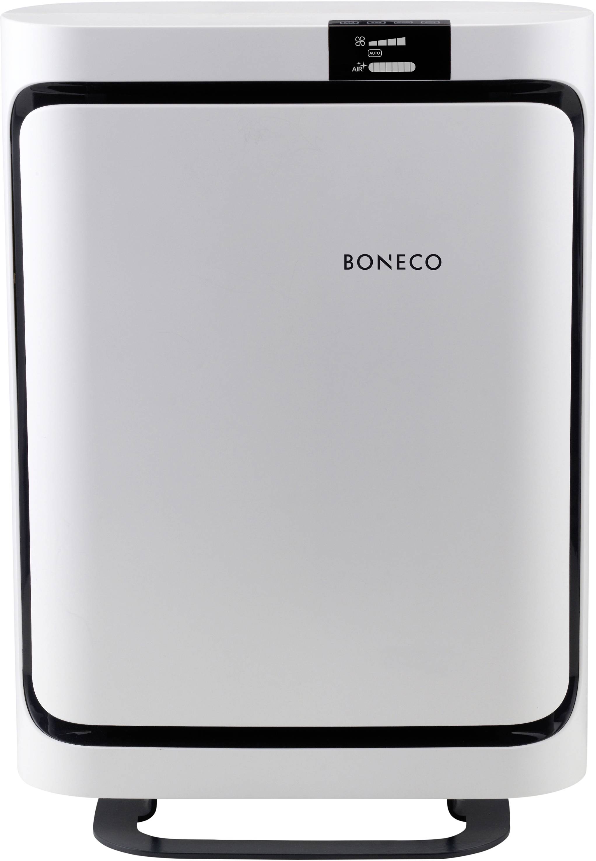 Purificatore d'aria in bianco con display digitale sulla parte superiore, marchio 'Boneco' visibile. Caratteristiche principali: design moderno, portatile.