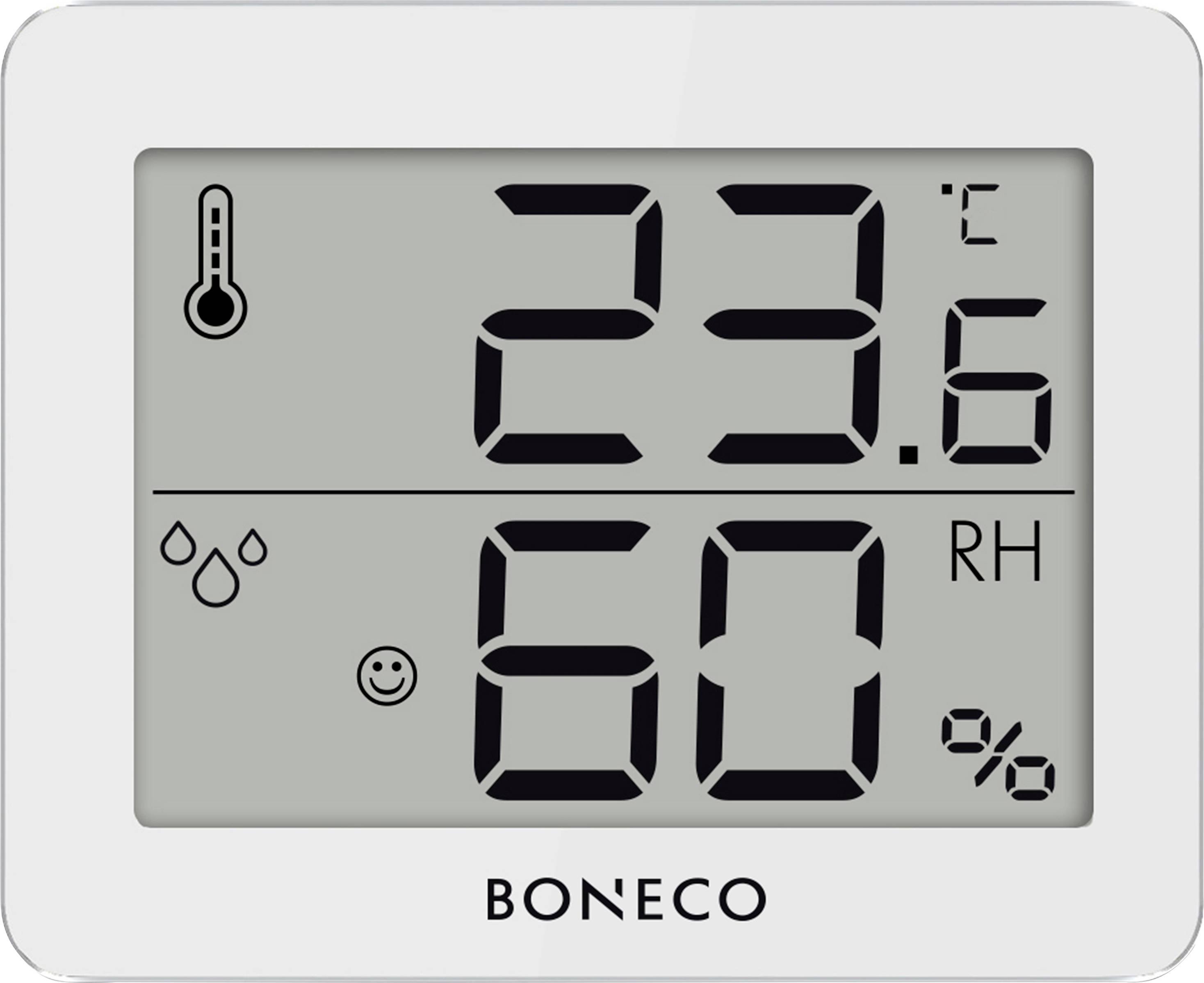 Termoidrometro digitale mostra 23,6 °C e 60% di umidità relativa. Simboli per temperatura e zona di comfort, marca BONECO.