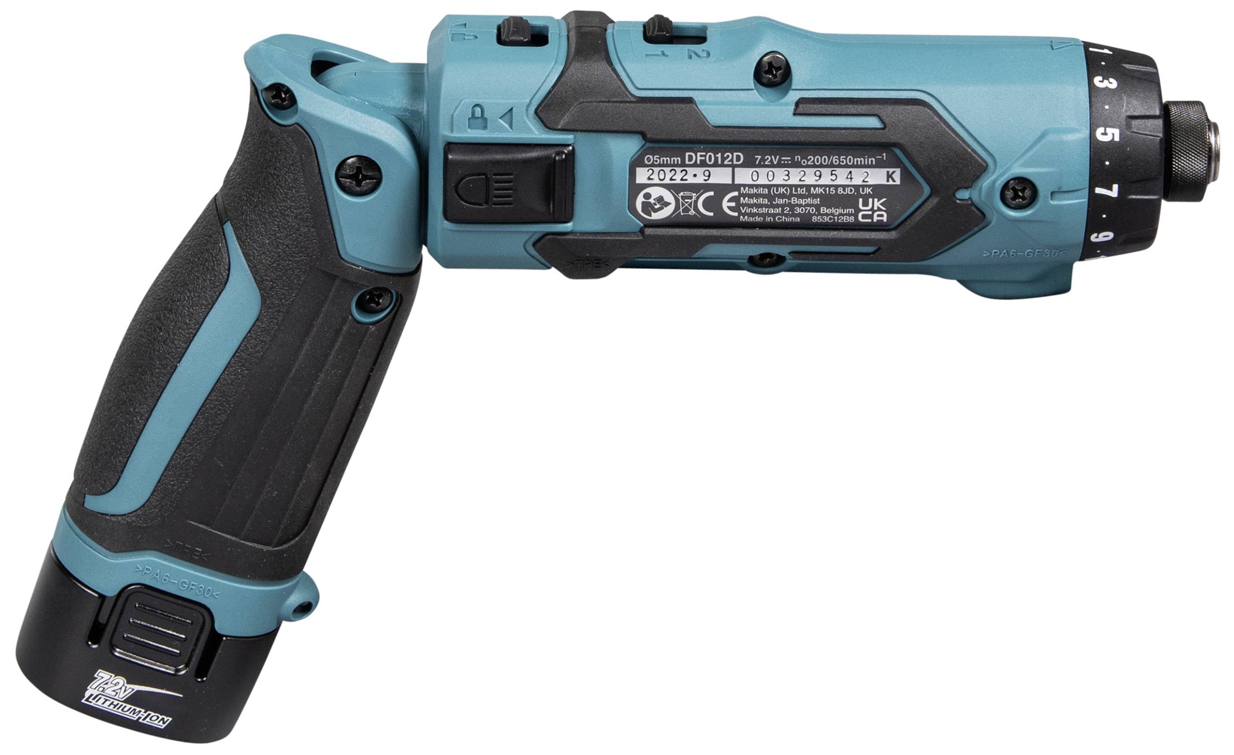 Avvitatore a batteria di colore blu con impugnatura articolabile, etichetta tecnica visibile e impugnatura nera.