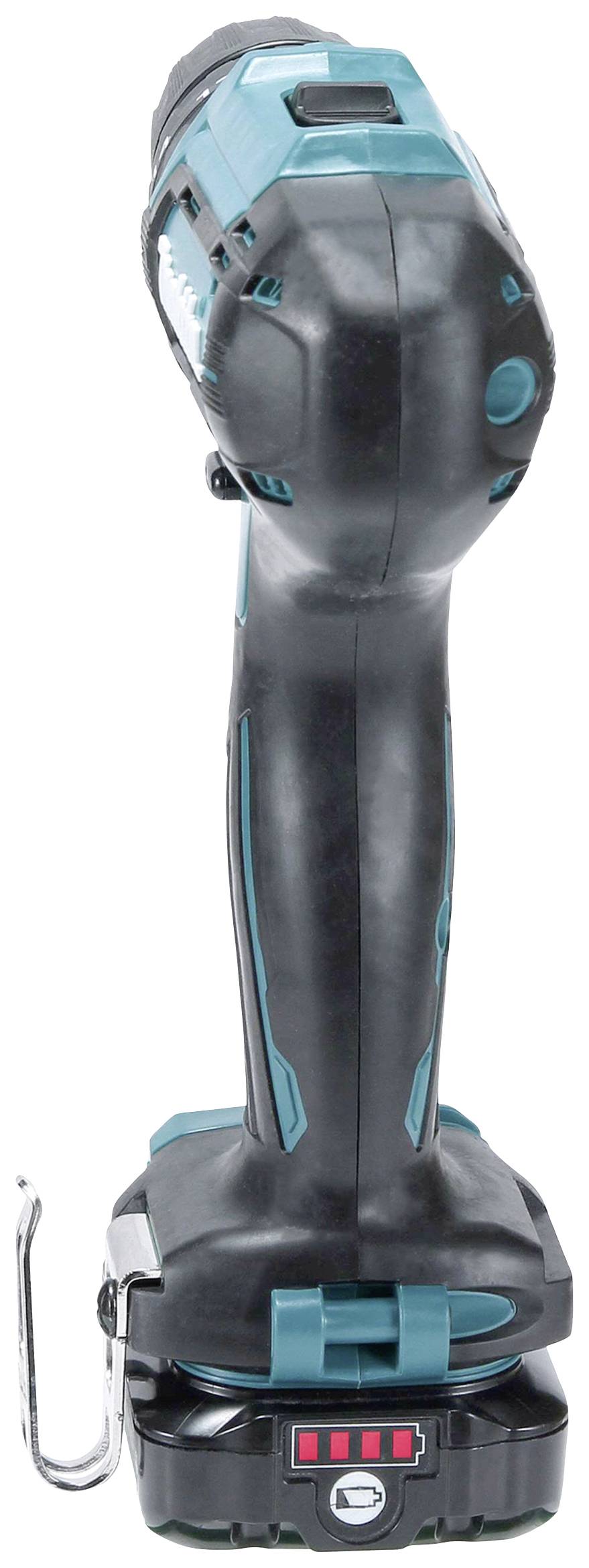 Un avvitatore a batteria senza fili in nero e blu, in piedi verticalmente con un gancio per cintura argentato. L'indicatore dello stato della batteria mostra tre barre.