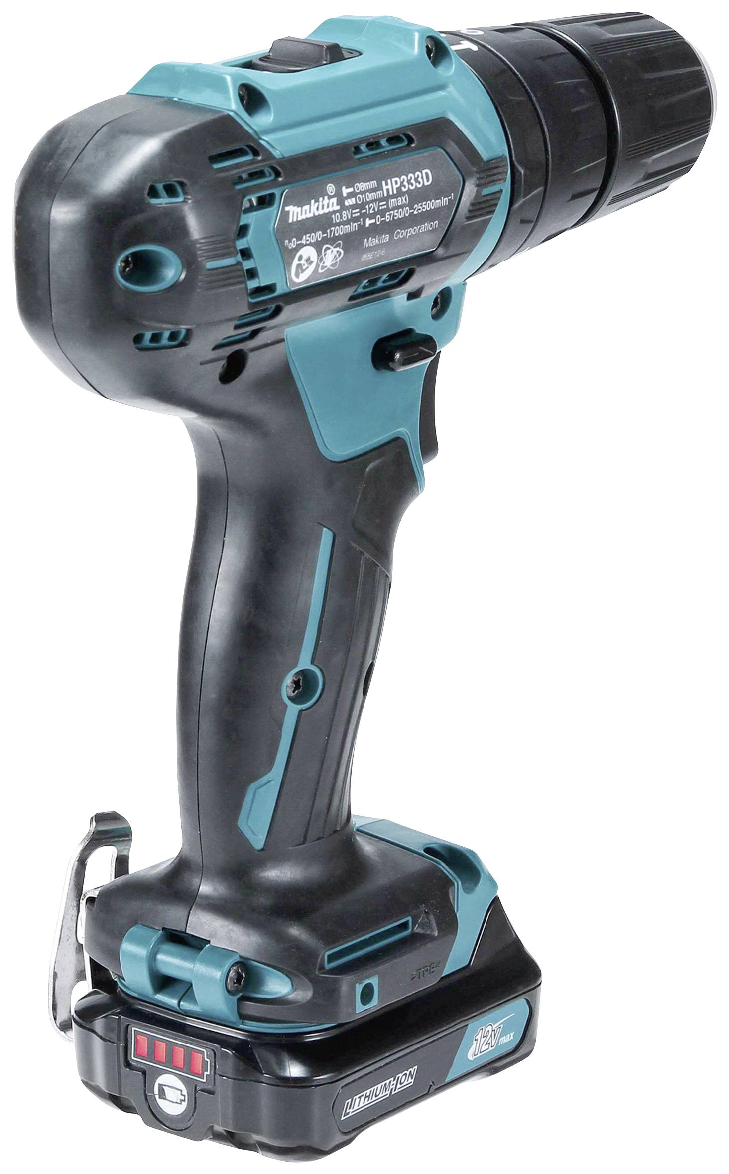 Un avvitatore nero e turchese con batteria integrata, testa rotante e impugnatura ergonomica.