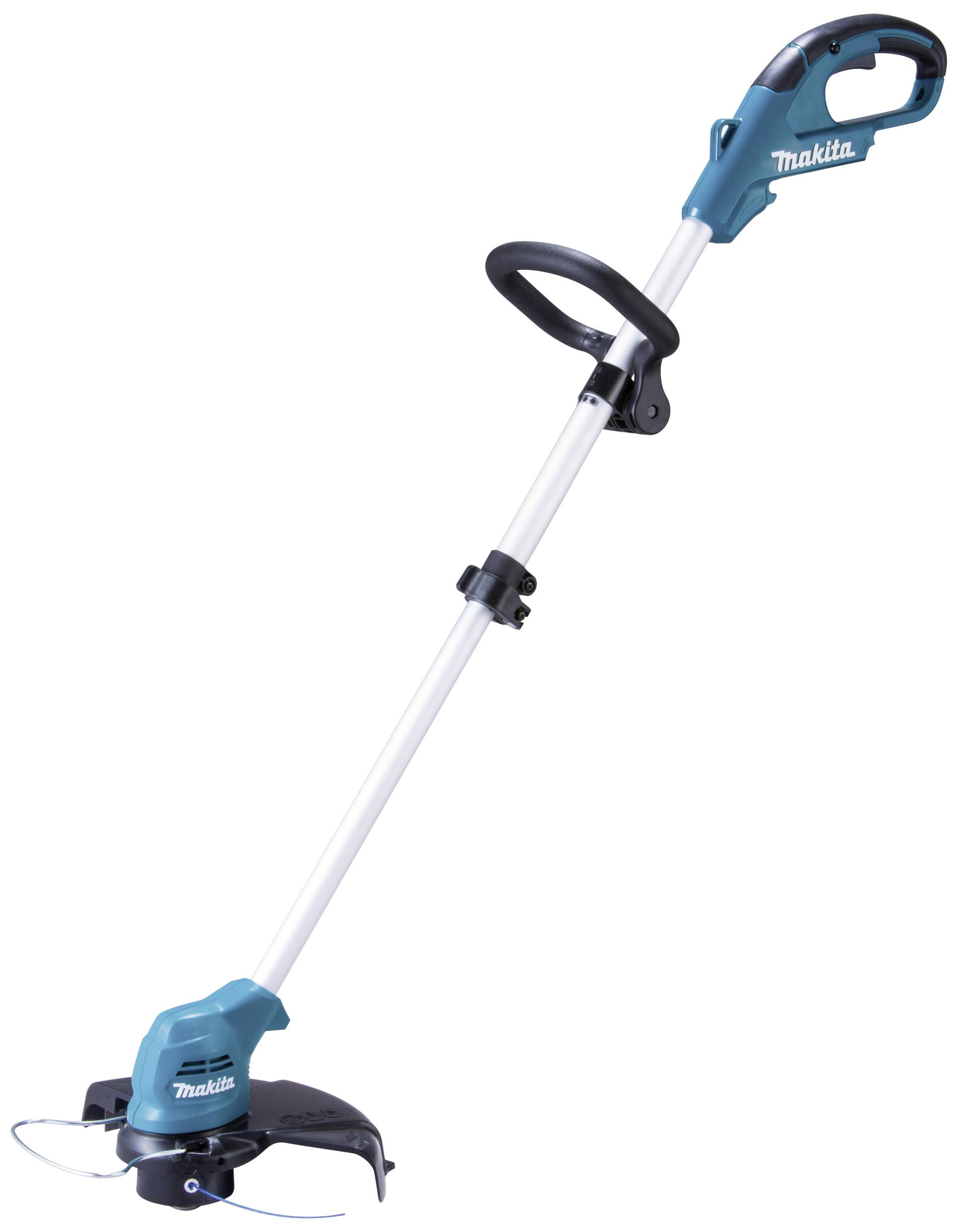 Tagliabordi elettrico dal design blu e bianco, con impugnatura ergonomica e copertura protettiva sopra la testina di taglio.