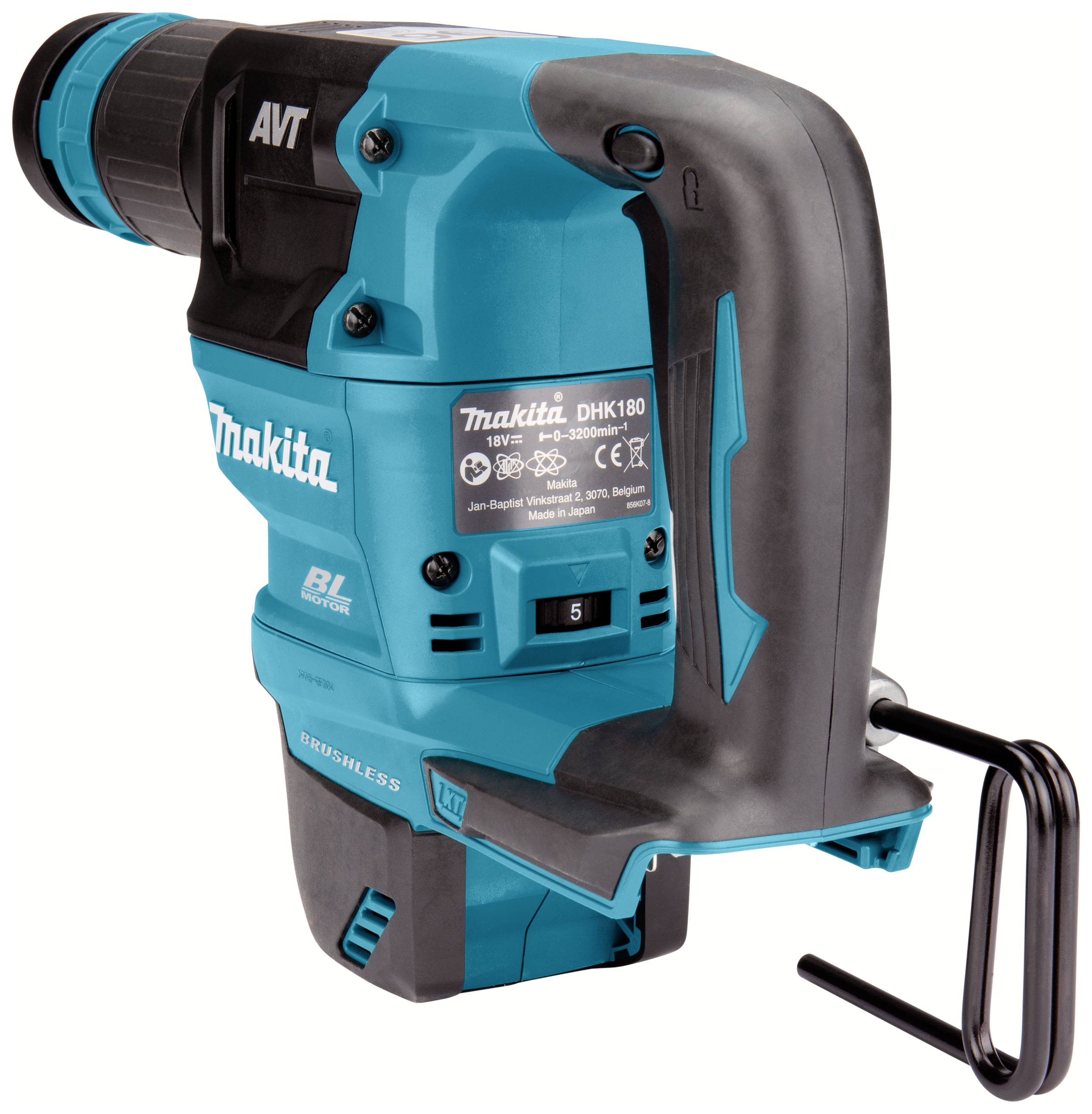Utensile elettrico Makita, blu e nero, vista laterale. Impugnatura e sistema di aggancio visibili. Numero di modello 'DHK180' sul lato.