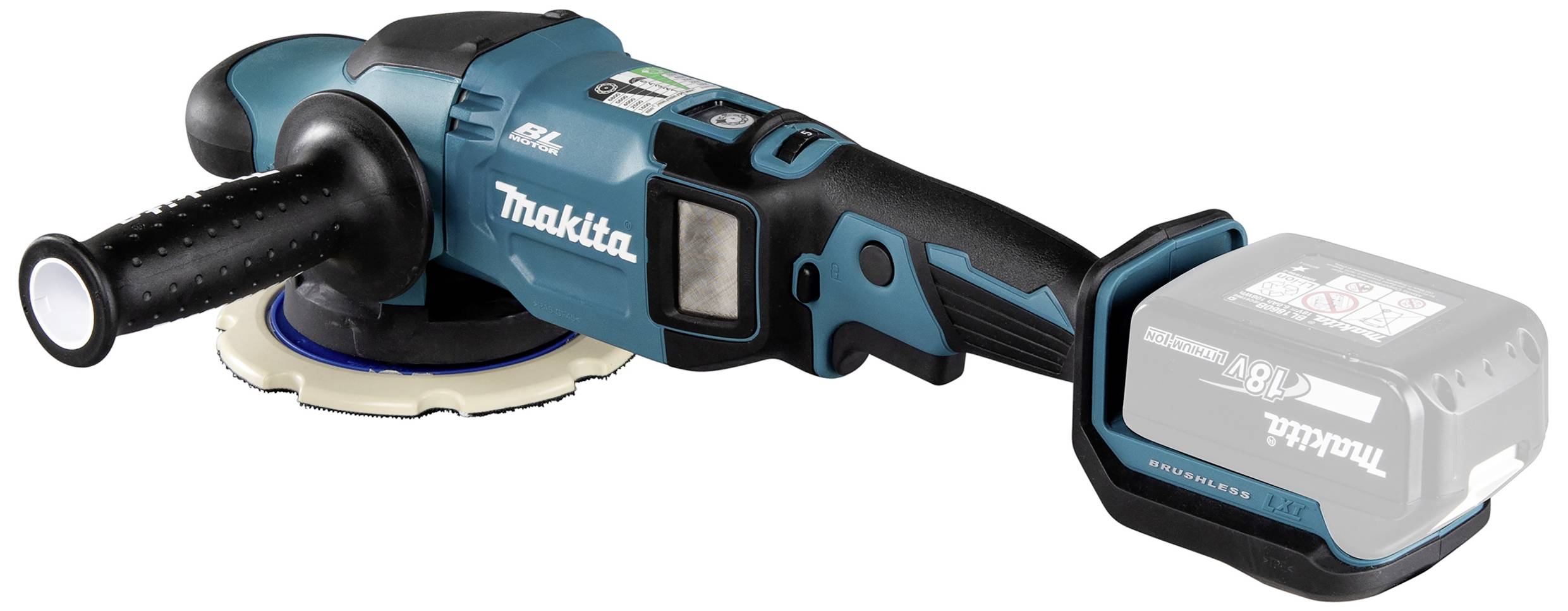 Un smerigliatrice angolare senza fili con involucro blu-nero e batteria rimovibile. Il marchio è visibile sul dispositivo.