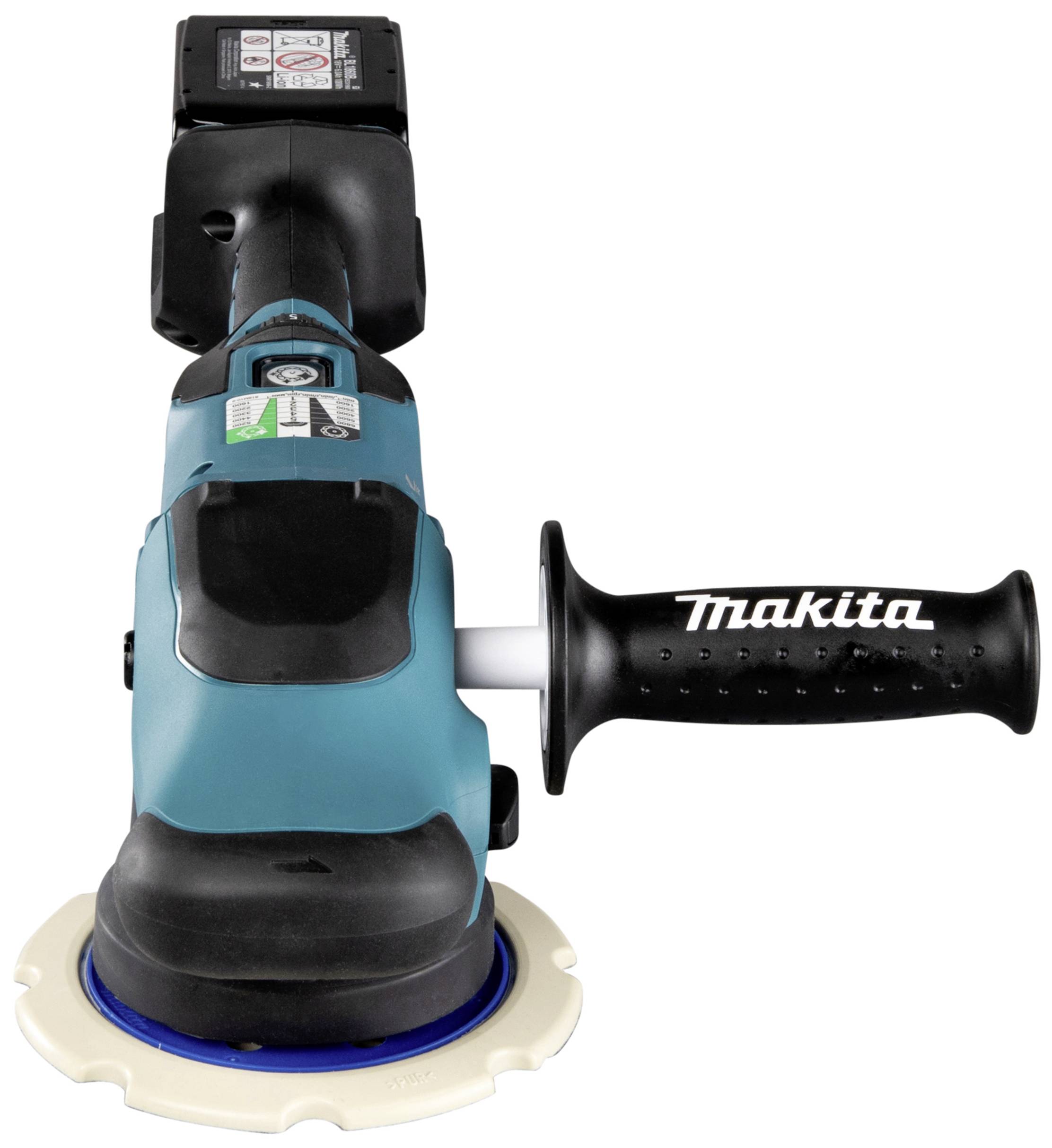Utensile elettrico per lucidatura in blu con impugnatura ergonomica e accessorio.