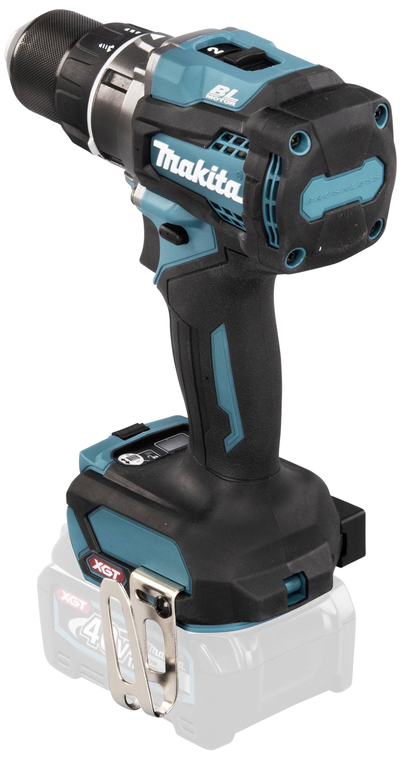 Avvitatore a batteria blu-nero con impugnatura ergonomica e clip per cintura argentata. Adatto per progetti fai-da-te e di costruzione.