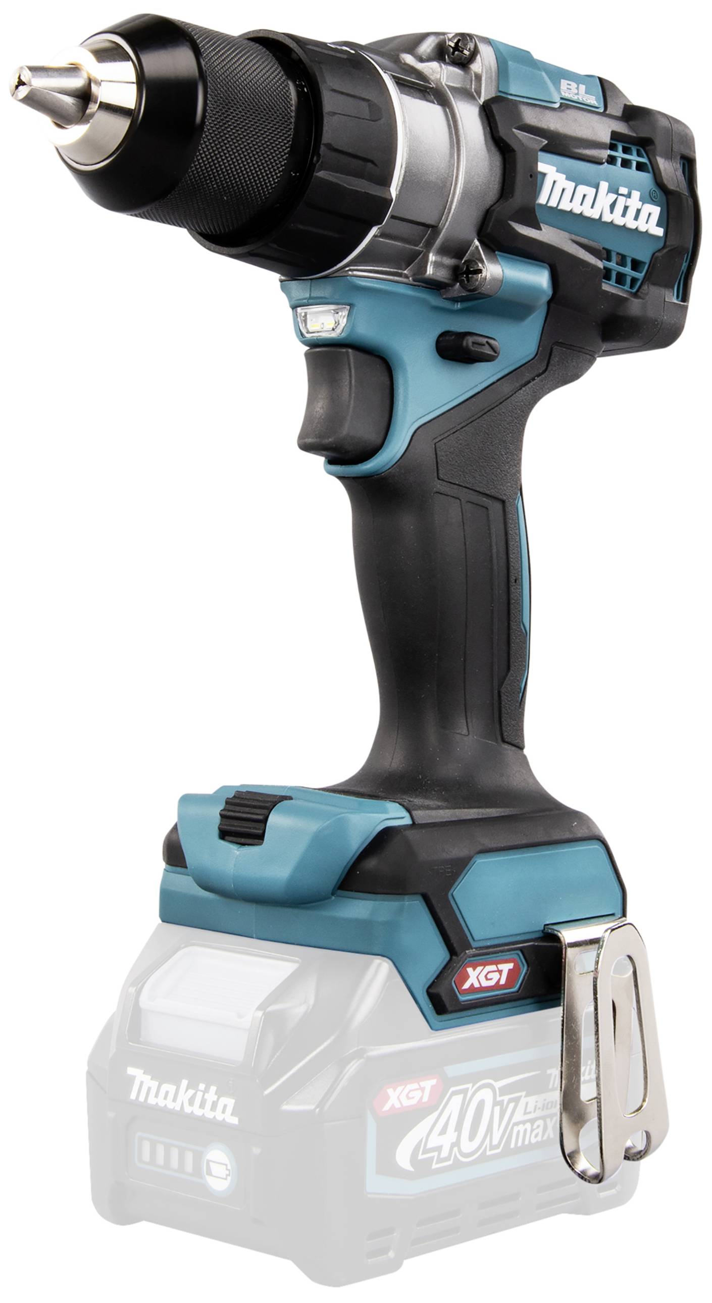 Un trapano avvitatore a batteria senza fili, blu, con batteria agli ioni di litio da 40V e impugnatura ergonomica. Adatto a diversi lavori di foratura.