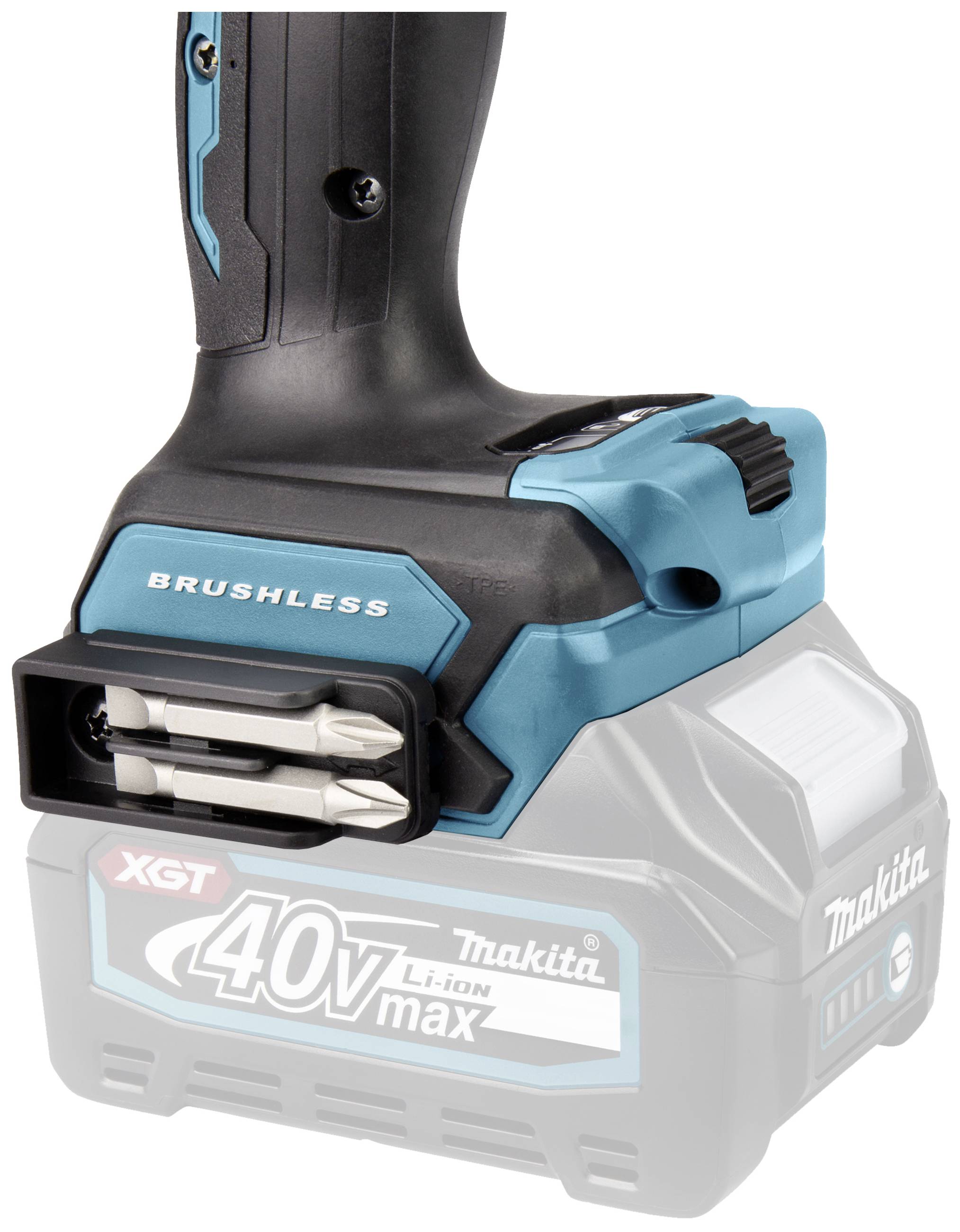Un cacciavite senza fili blu e nero con stampa 'Brushless', alimentato da una batteria agli ioni di litio '40V Max'.