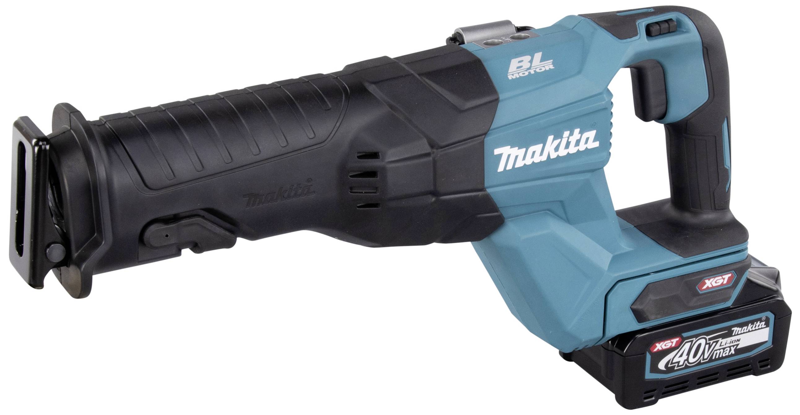 Sega a sciabola elettrica in nero e blu, prodotta da Makita. Caratterizzata dall'impugnatura ergonomica e dalla batteria XGT 40V.