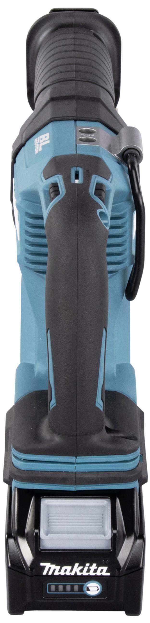 Un utensile da taglio a batteria tipo seghetto alternativo Makita blu-nero, posizionato verticalmente, con impugnatura ergonomica e pacco batteria nella parte inferiore.