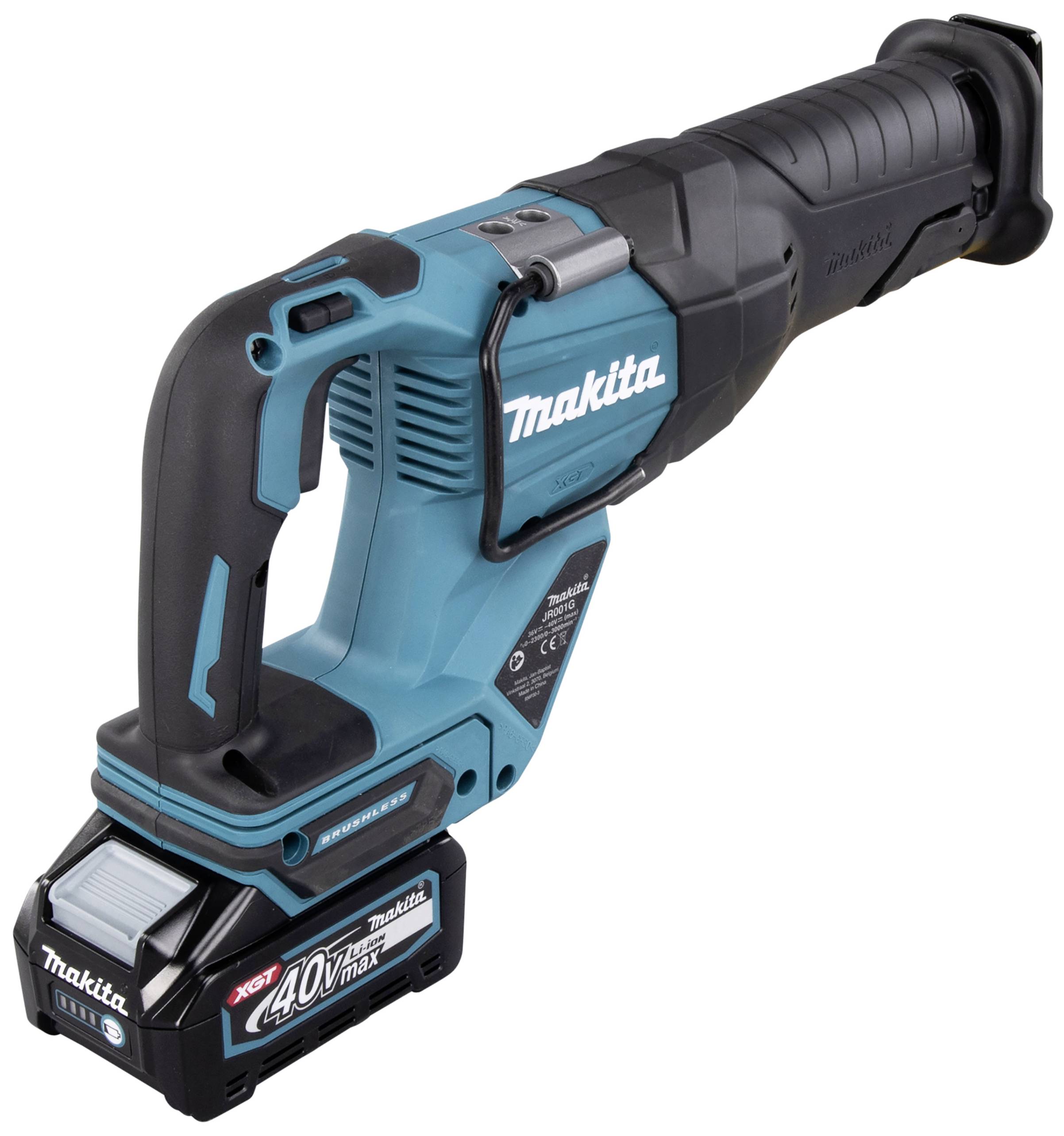 Una sega wireless Makita blu e nera con batteria da 40V. Adatta per diversi tipi di applicazioni di taglio.