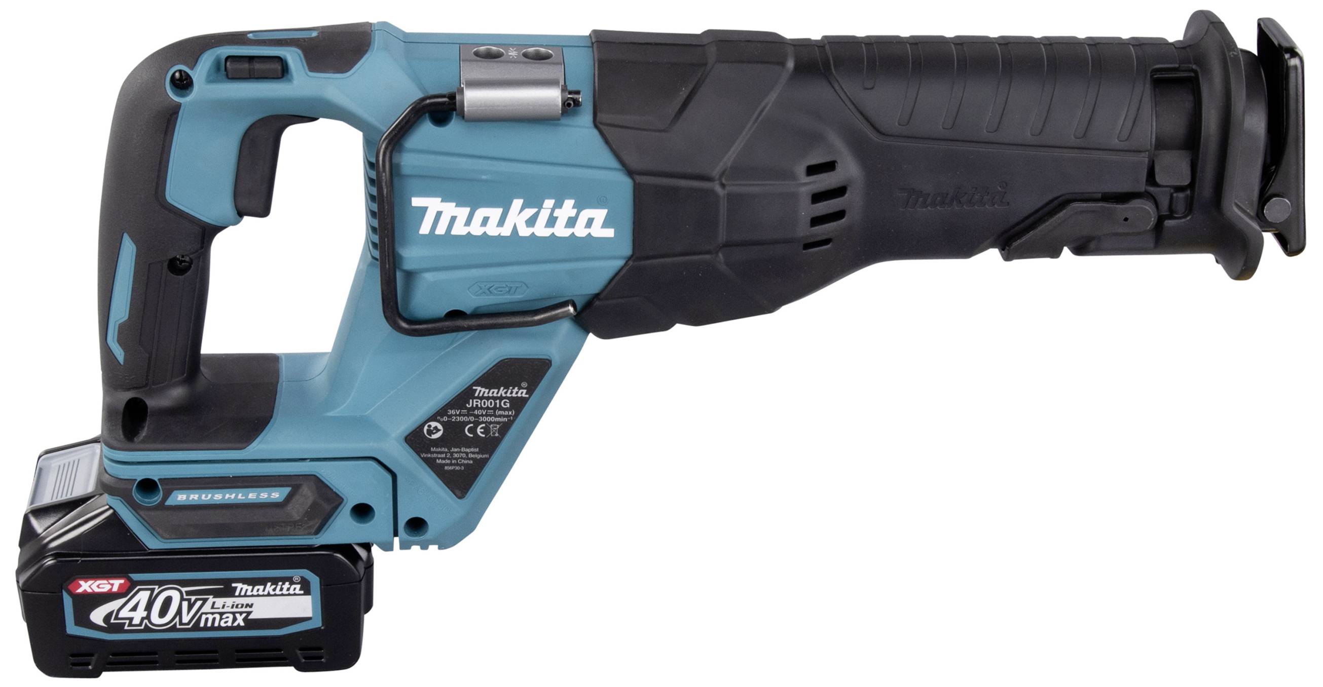 Sega a sciabola a batteria in turchese e nero con batteria agli ioni di litio da 40V, adatta per lavorazioni su metallo e legno.