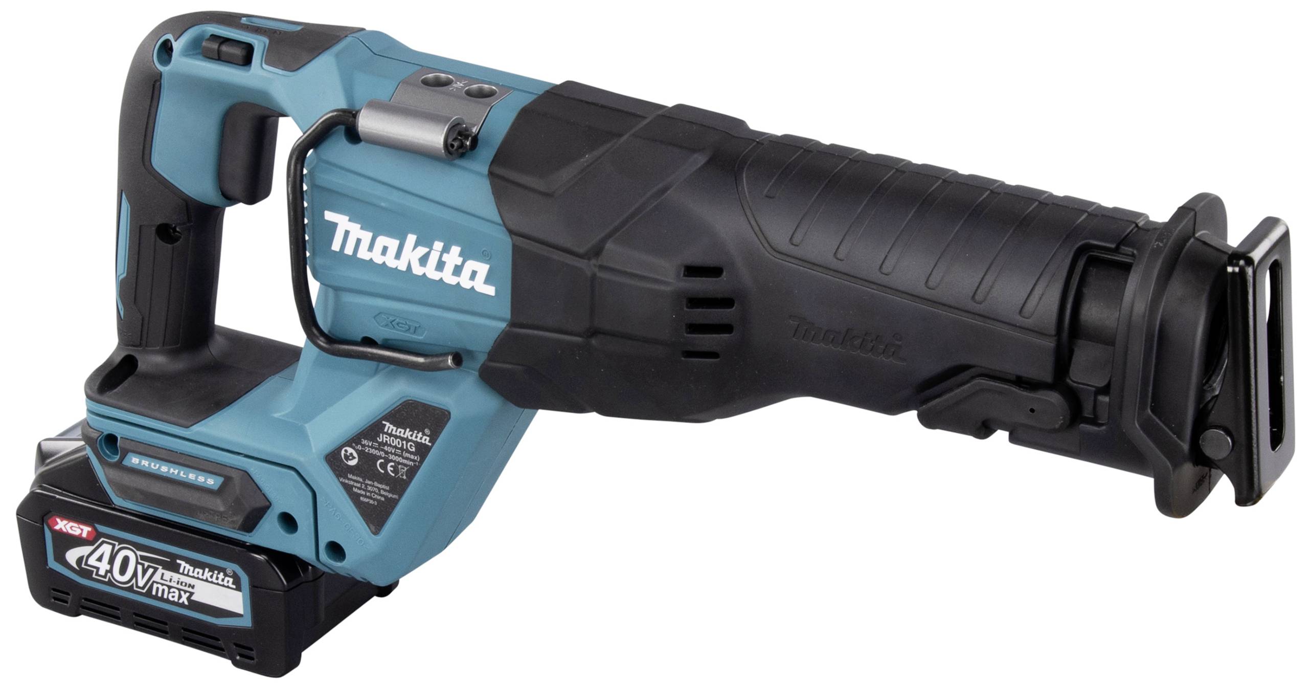 Una sega a sciabola a batteria Makita in blu e nero, adatta per progetti fai-da-te e lavori professionali.