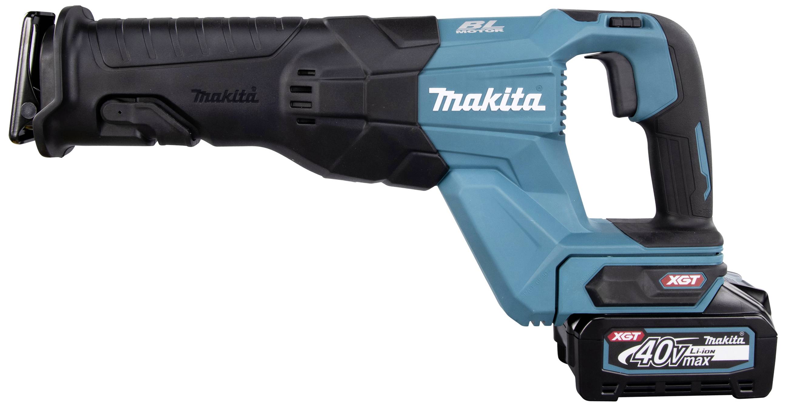 Una sega reciproca Makita senza fili blu e nera con batteria da 40V, raffigurata sul lato sinistro, per lavori di taglio potenti.