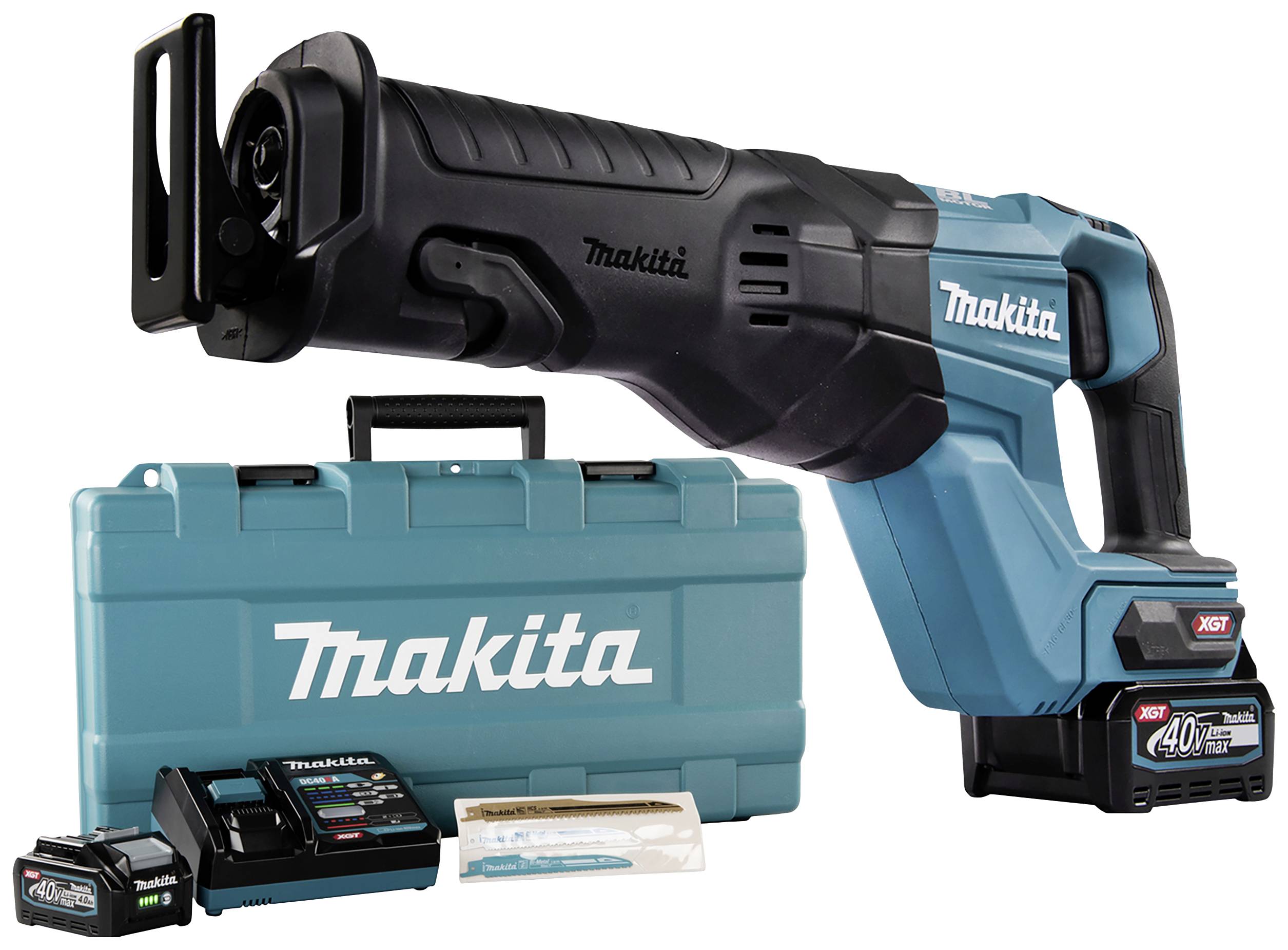 Sega a sciabola a batteria Makita con corpo blu, batteria 40V e caricabatterie. Incluso un apposito valigetta da trasporto.