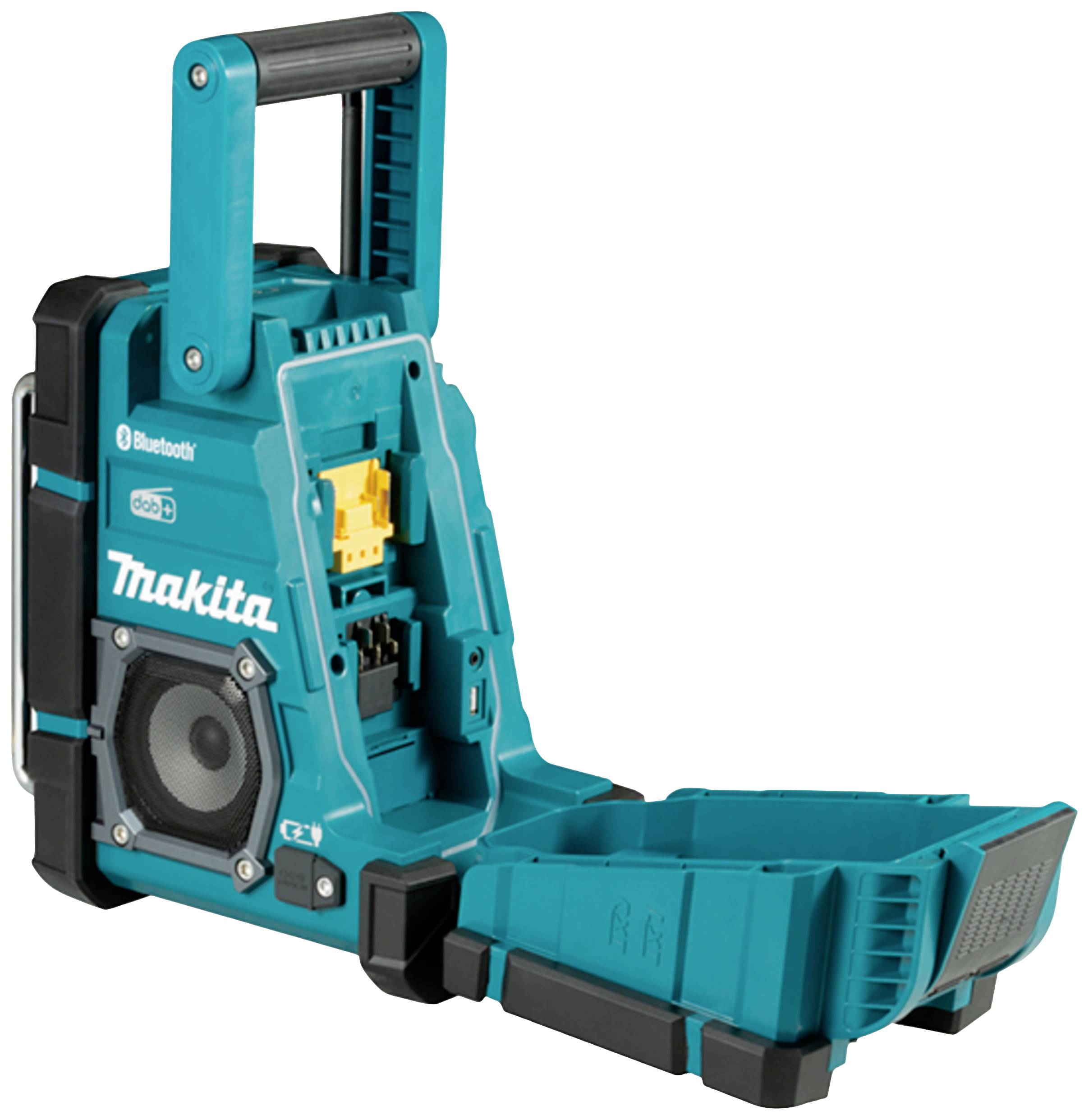 Altoparlante Bluetooth portatile blu Makita con design robusto, manico dispiegato e altoparlante visibile.
