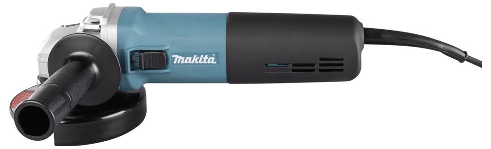 Un frullino manuale blu e nero con impugnatura laterale e cavo, marchiato 'Makita', adatto a compiti di taglio o levigatura.