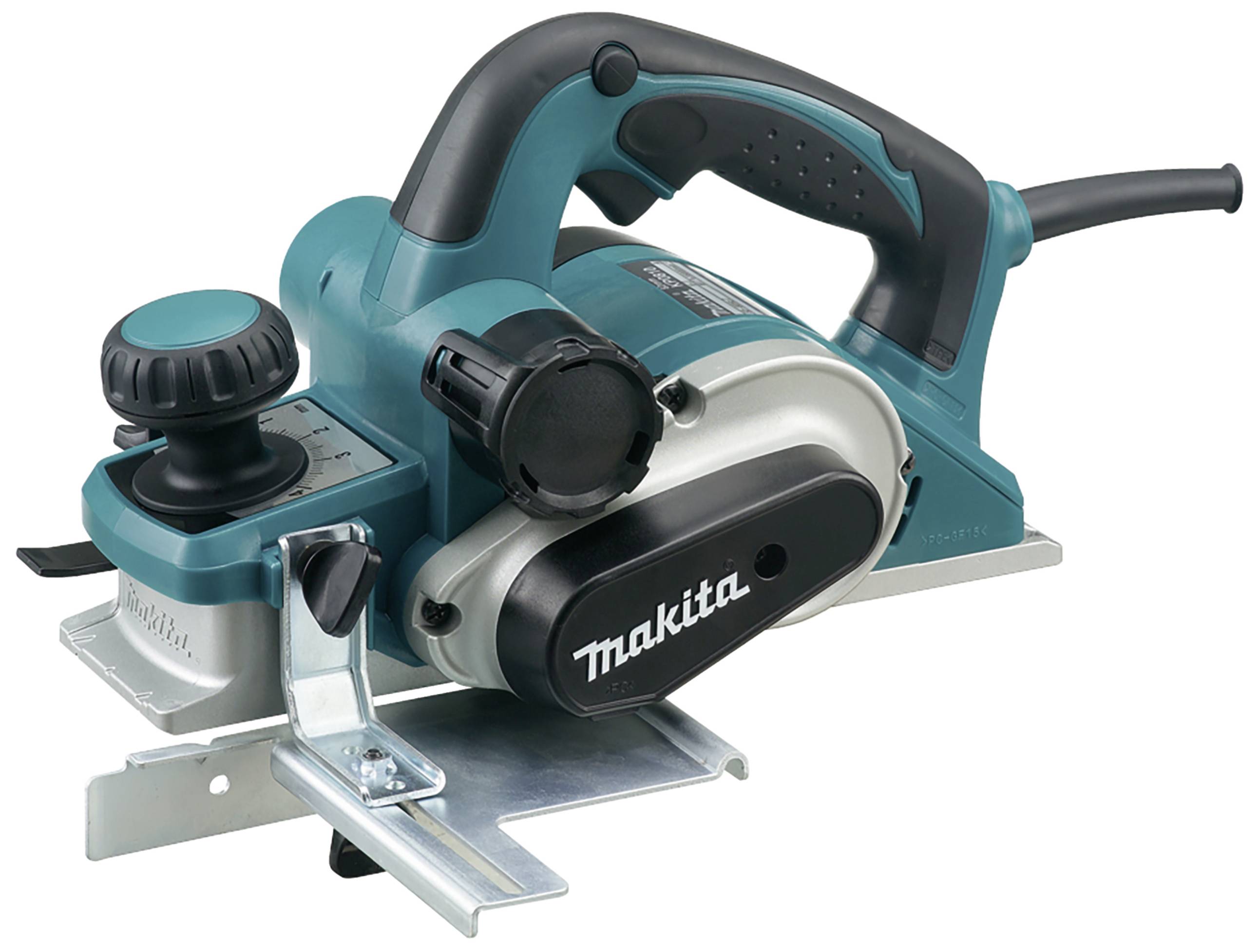 Pialla elettrica manuale in turchese con impugnatura nera e dettagli argentati, marca 'Makita'. Adatta per la lavorazione delle superfici in legno.