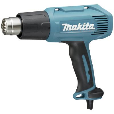 Pistola ad aria calda in turchese e nero con il logo 'Makita' sul lato. Utilizzata per riscaldare materiali come plastica o vernici.