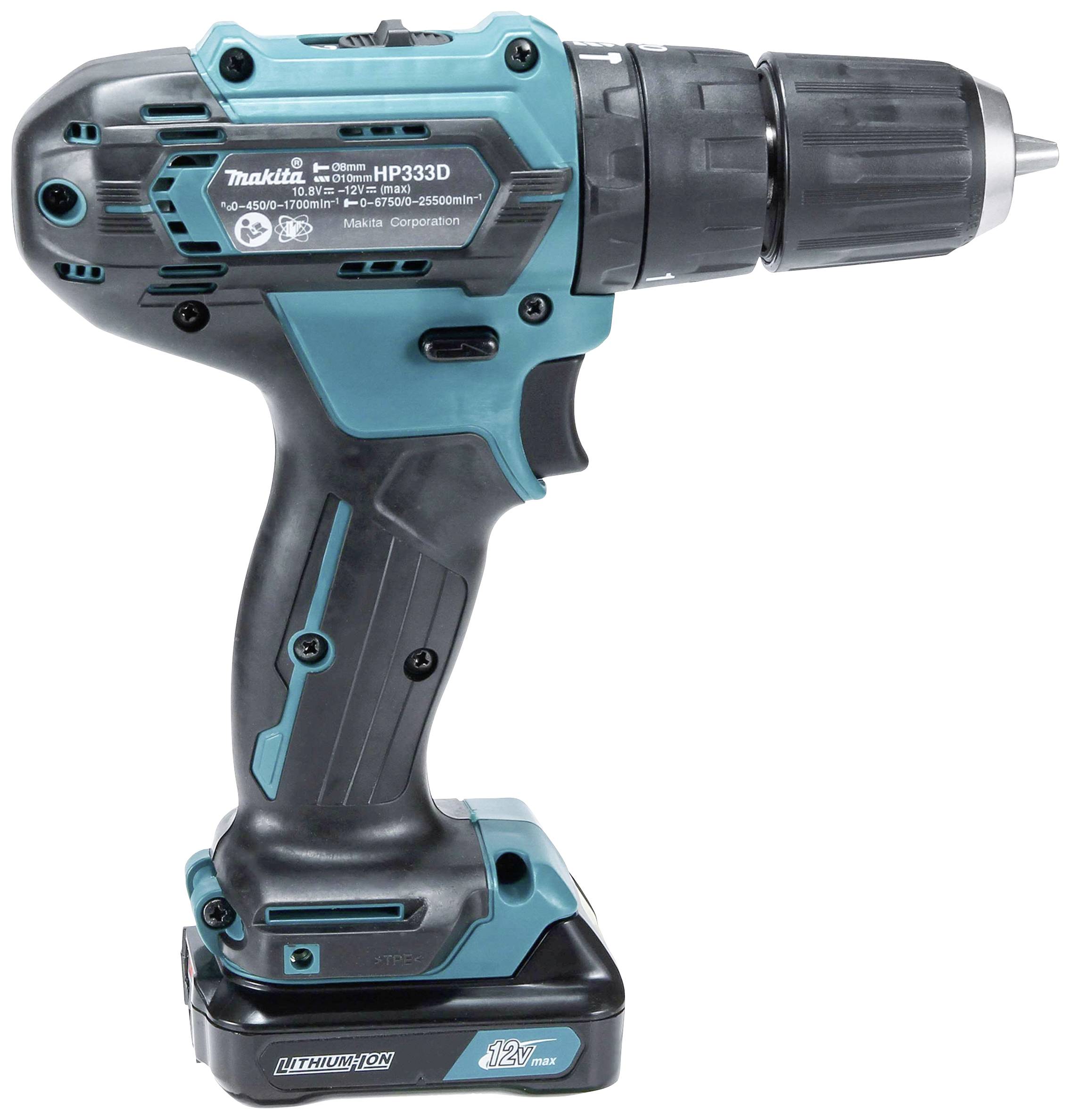 Un avvitatore/trapano a batteria cordless in colore blu e nero, con impugnatura robusta e testa regolabile, in posizione verticale.