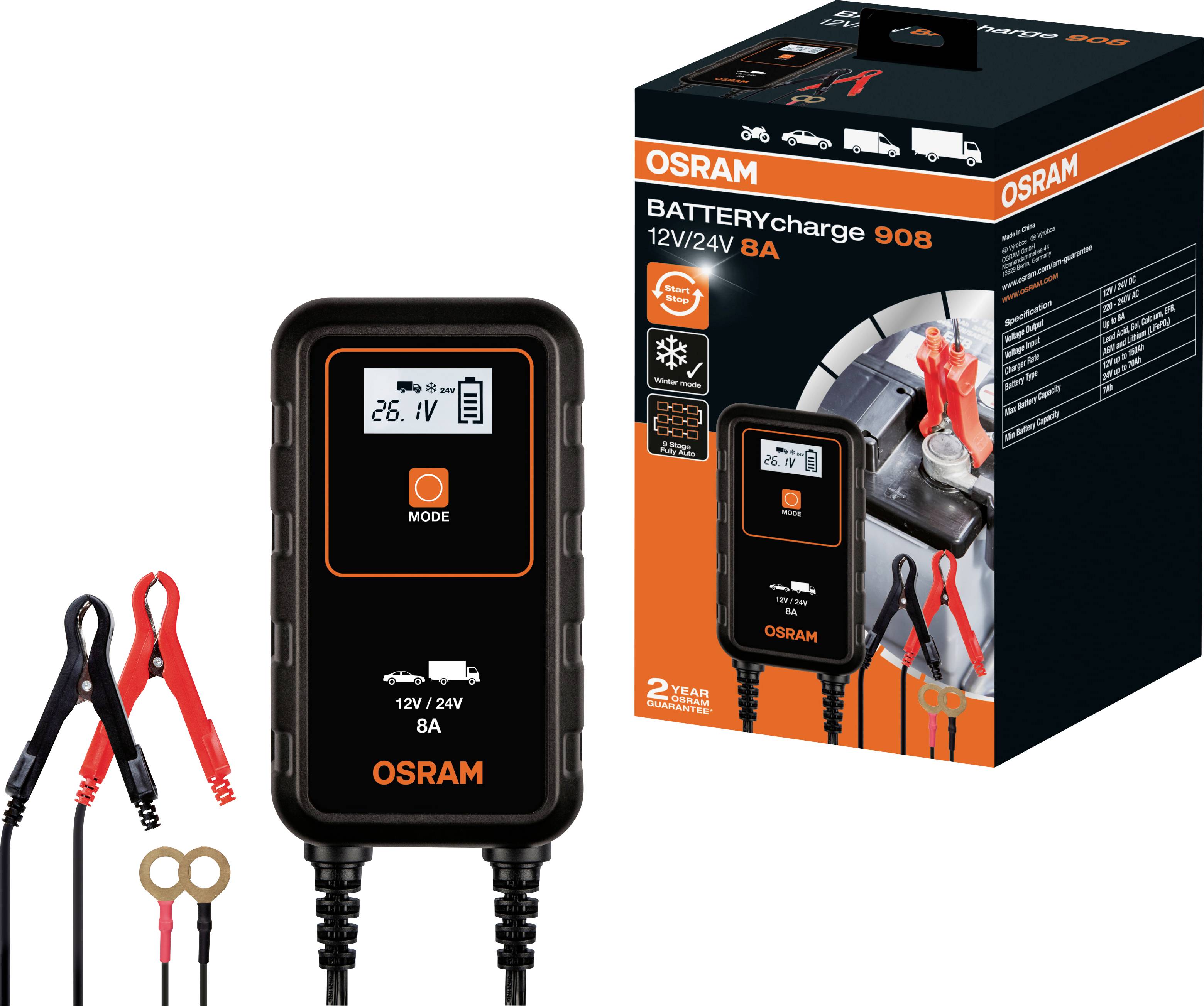 Caricabatterie OSRAM per batterie 12V/24V, modello 908, con display che mostra lo stato di carica. Cavi e morsetti illustrati.