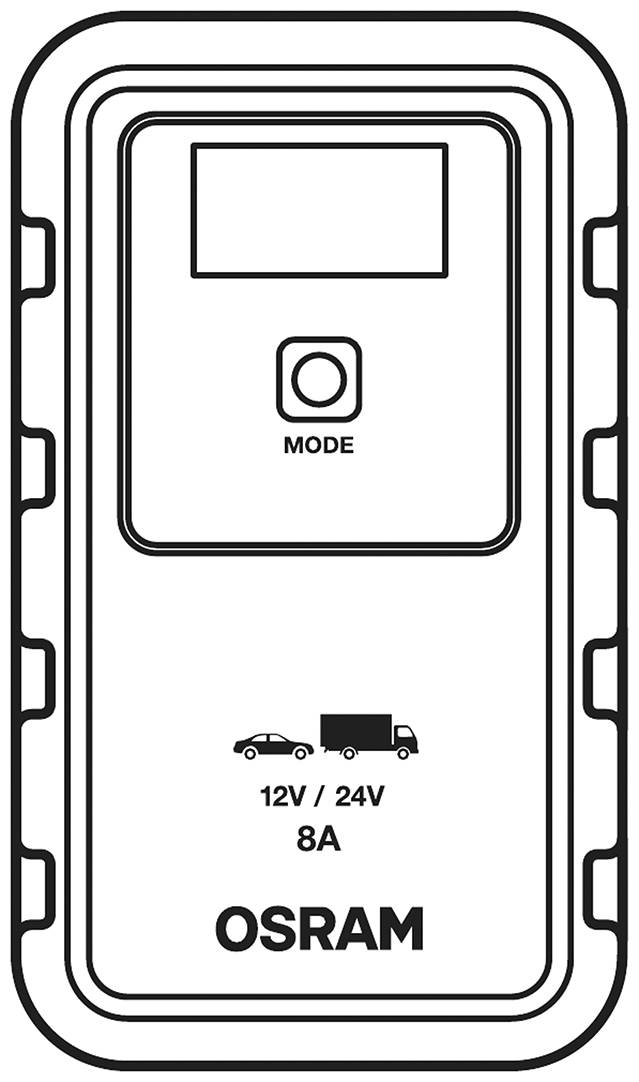 Caricabatterie OSRAM, mostra un'indicazione di carica con '12V / 24V', '8A', simbolo auto e tasto modalità. Adatto per auto e camion.