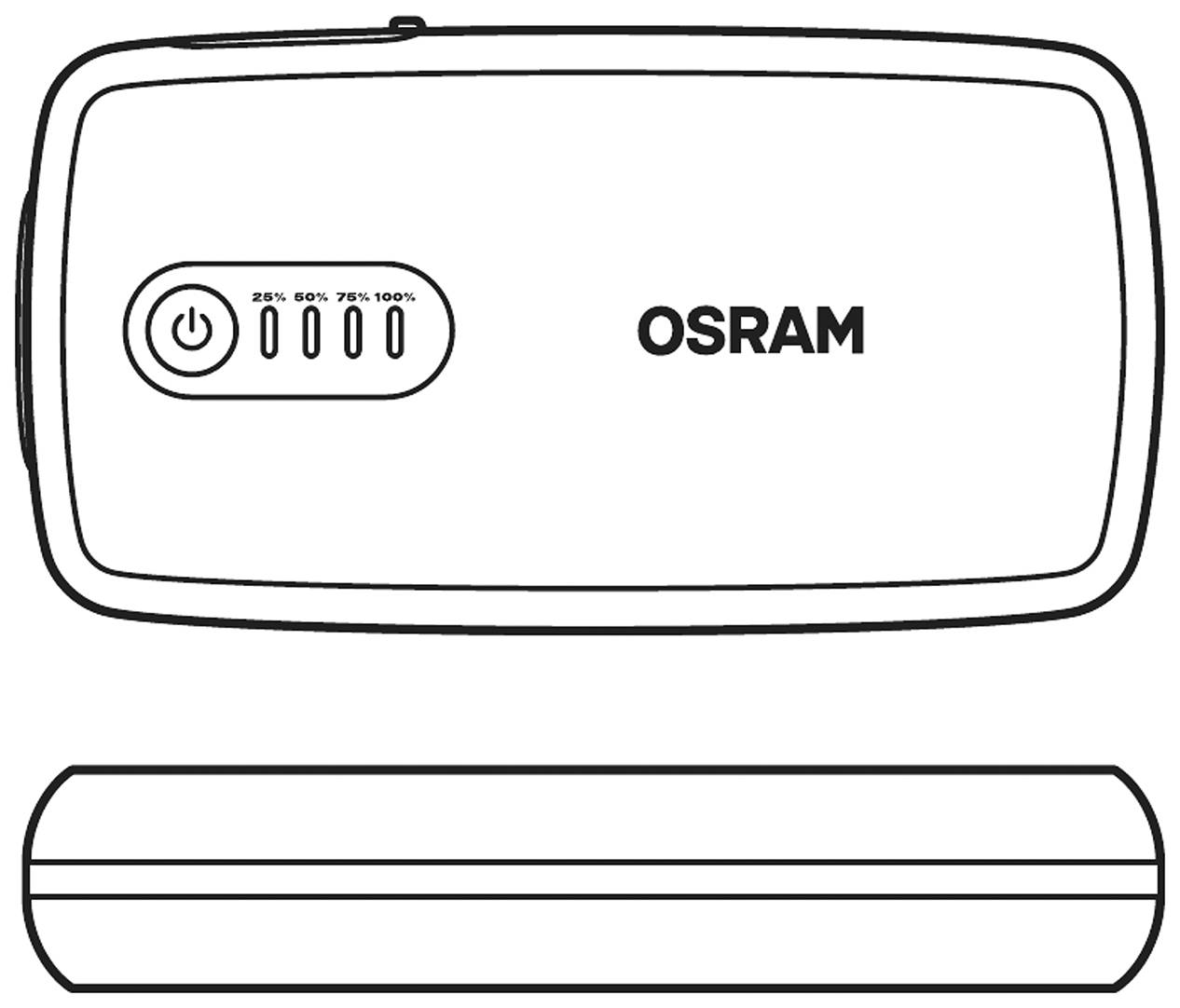 Un dispositivo portatile di OSRAM con quattro indicatori di carica e un interruttore di accensione/spegnimento in alto a sinistra. La vista laterale mostra il design snello.