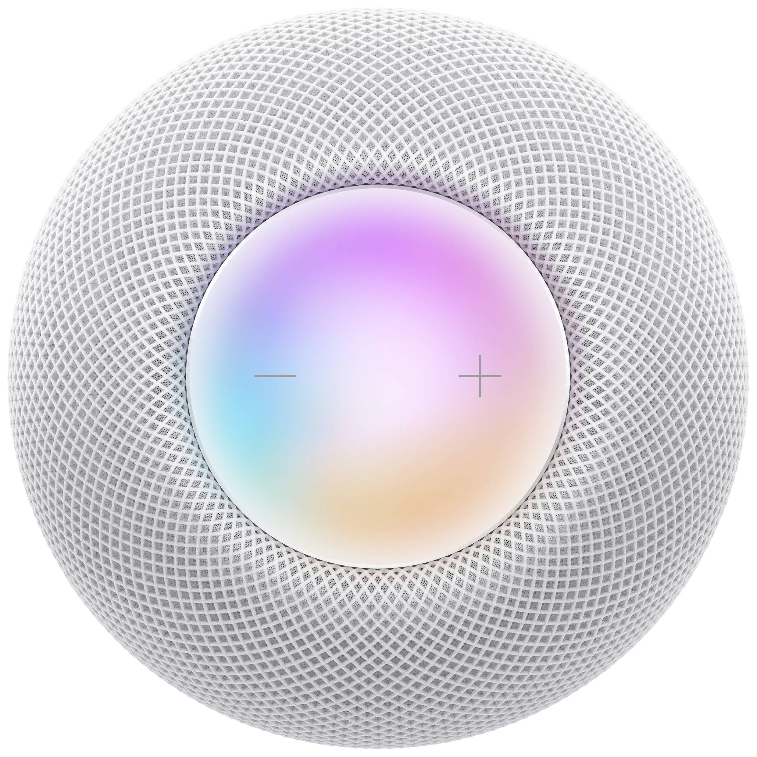 Altoparlante rotondo grigio con pannello luminoso che cambia colore e simboli più e meno per il controllo del volume.