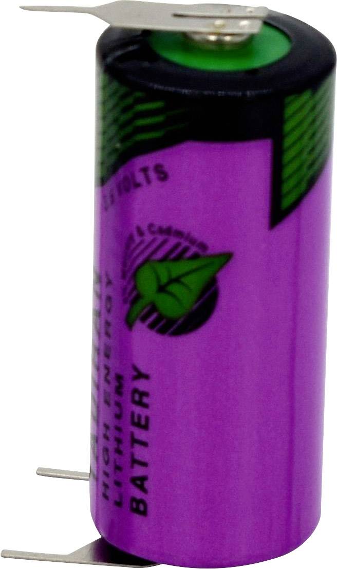 Batteria cilindrica di litio viola con accenti verdi, contrassegnata con 'High Energy' e '3.6 Volts', dotata di connettori metallici alle estremità.